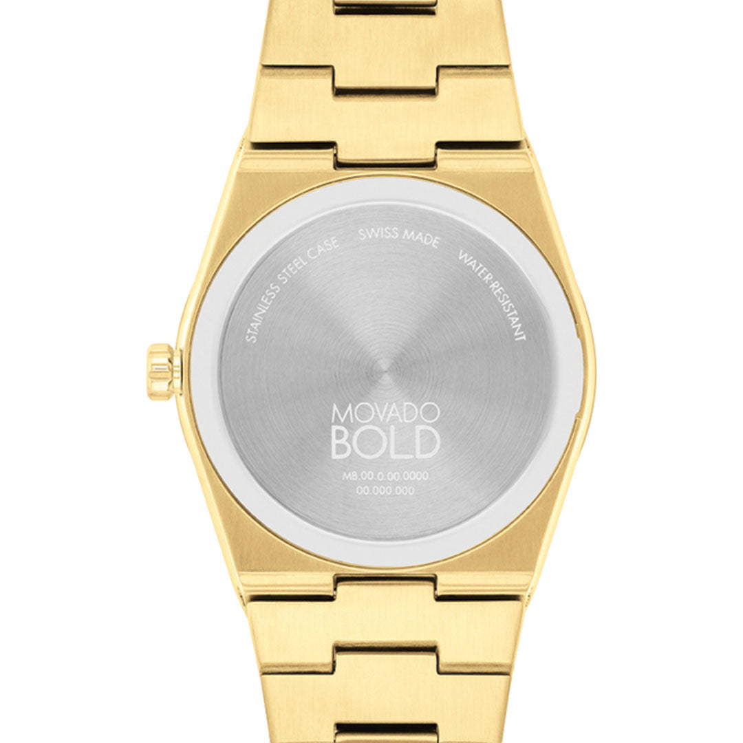 The back of the Movado BOLD Quest Quartz 40mm Watch features a stainless steel case engraved with "SWISS MADE" and "WATER RESISTANT," an integrated bracelet, and a silver-toned back plate.
