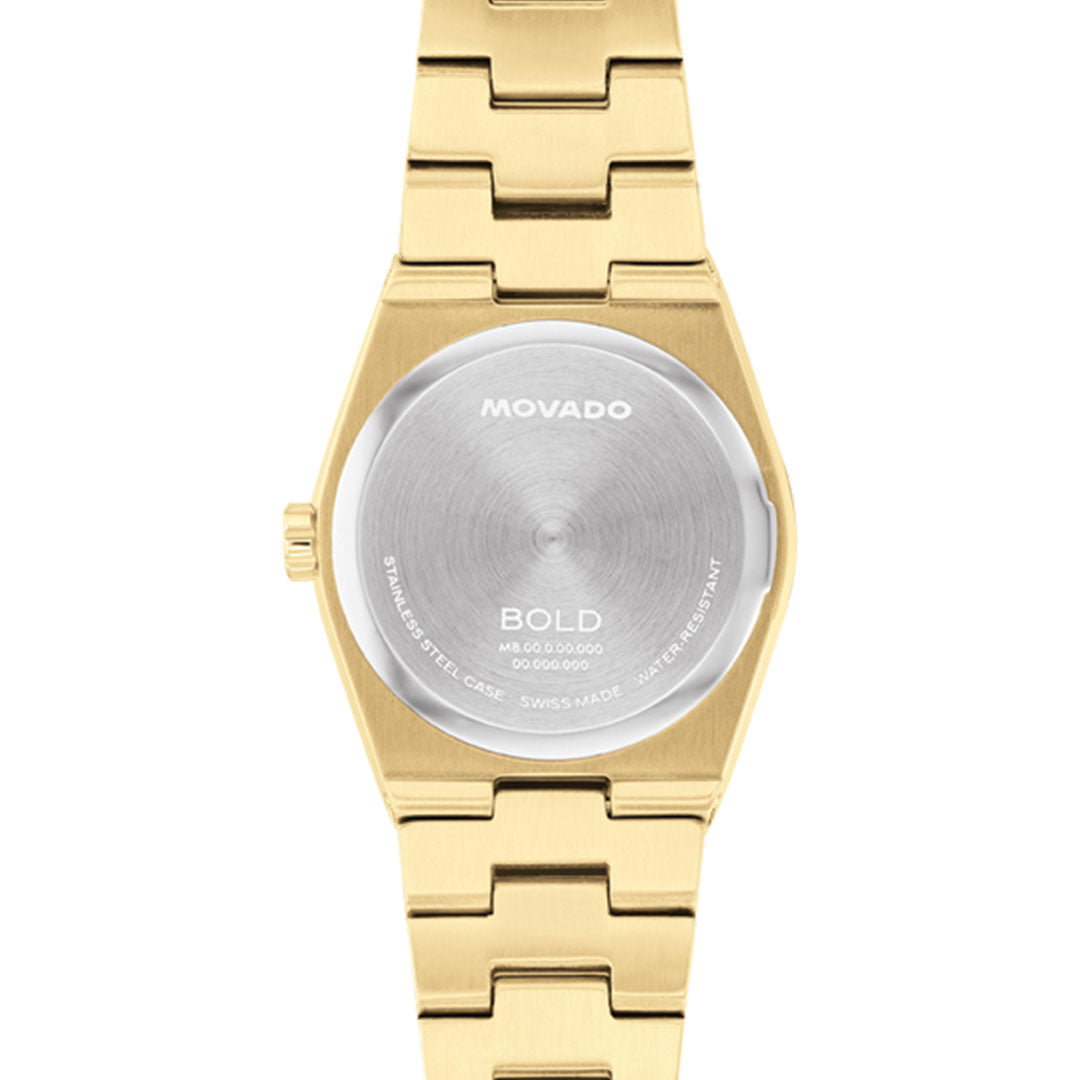 Back view of the Movado BOLD Quest Mini Quartz 28mm Watch, featuring a gold-tone finish, engraved stainless steel case back, and gold metal link bracelet. Brand: Movado.
