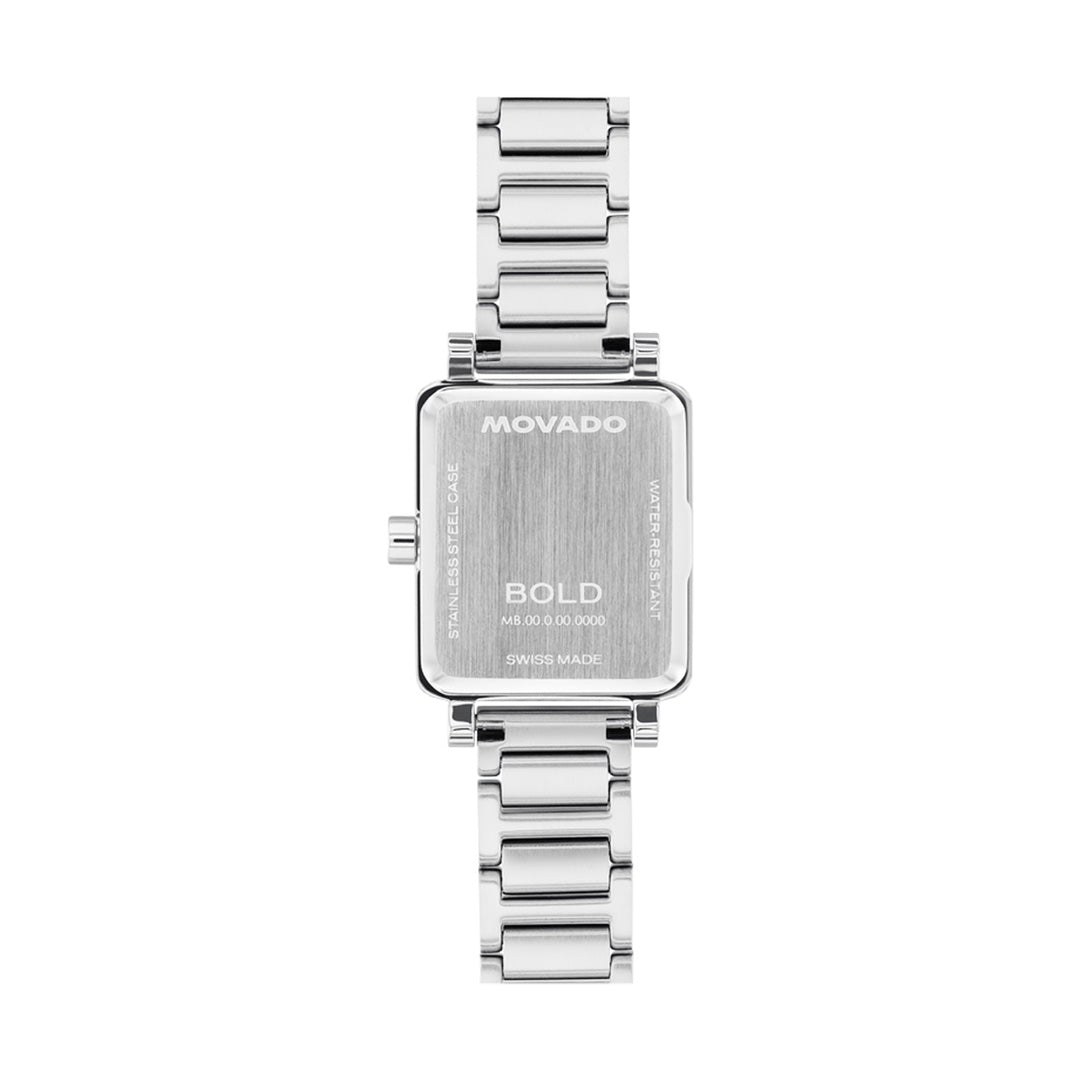 A Movado BOLD Evolution 2.0 Mini Quartz 19mm x 22.5mm Watch in stainless steel is shown from the back, revealing the engraved Movado brand name and product details on its rectangular case with a stainless steel mini design and a metal link band.