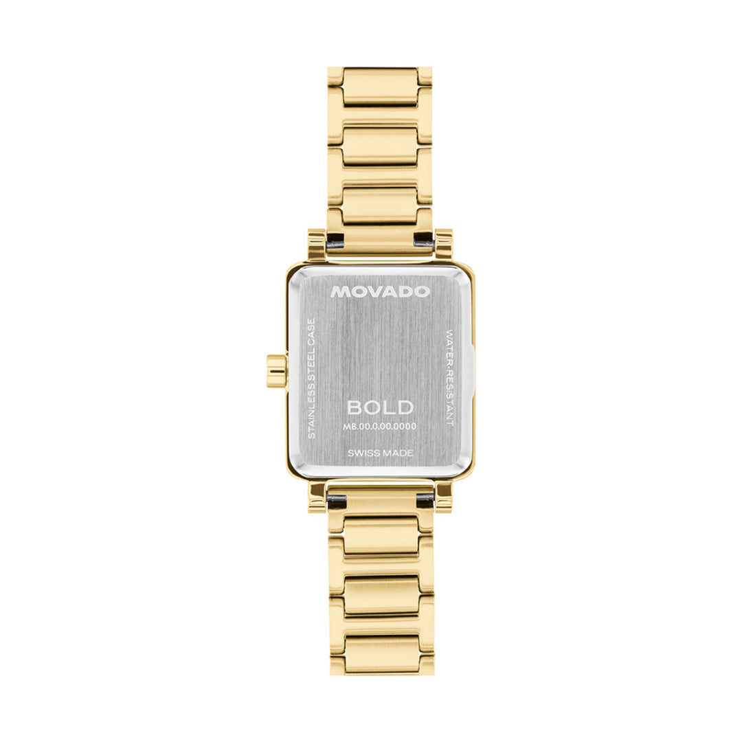 A gold Movado BOLD Evolution 2.0 Mini Quartz watch is shown from the back, featuring a rectangular 19mm x 22.5mm stainless steel case engraved with Movado branding and details. The metal link band is finished in yellow gold, accentuating the Swiss-made quartz movement within and the refined elegance of its mini case design.