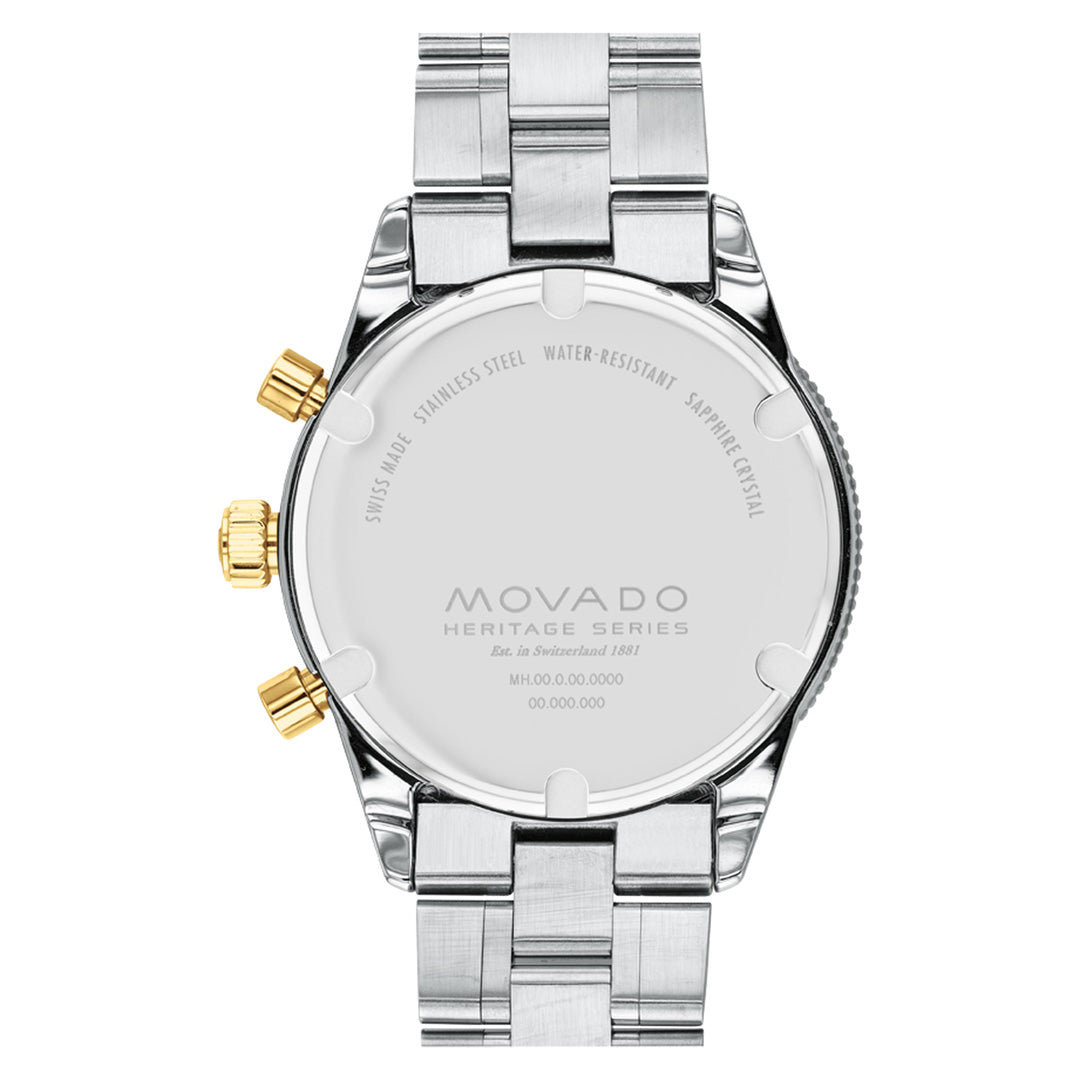 The back of the Movado Heritage Calendoplan S Chronograph Quartz 42mm watch features silver and gold buttons, engraved details, and a classic metal link band—an elegant stainless steel timepiece from Movado’s Heritage Series collection.