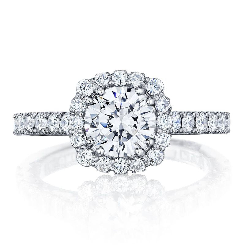 Presenting the Tacori Sculpted Crescent 18K White Gold Cushion Semi Mount Engagement Ring, this exquisite piece showcases a stunning center adorned with a diamond halo and a band intricately embellished with diamonds for added brilliance and sparkle.