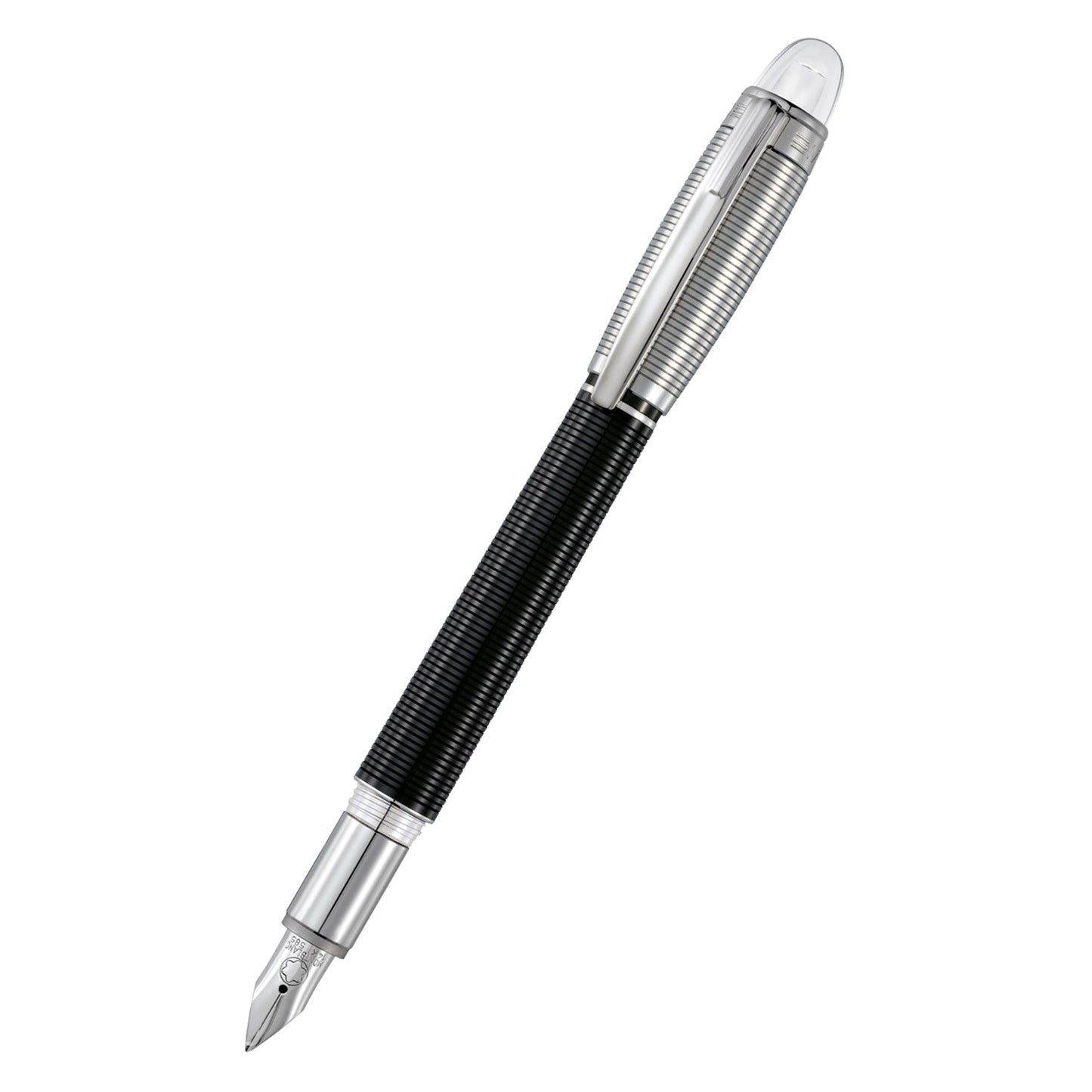 A Montblanc Starwalker Doue Multi Resin fountain pen in silver and black with an exposed nib is photographed on a white background. The design showcases ribbed detailing on the barrel and cap, complemented by shiny metallic accents that embody modern luxury.