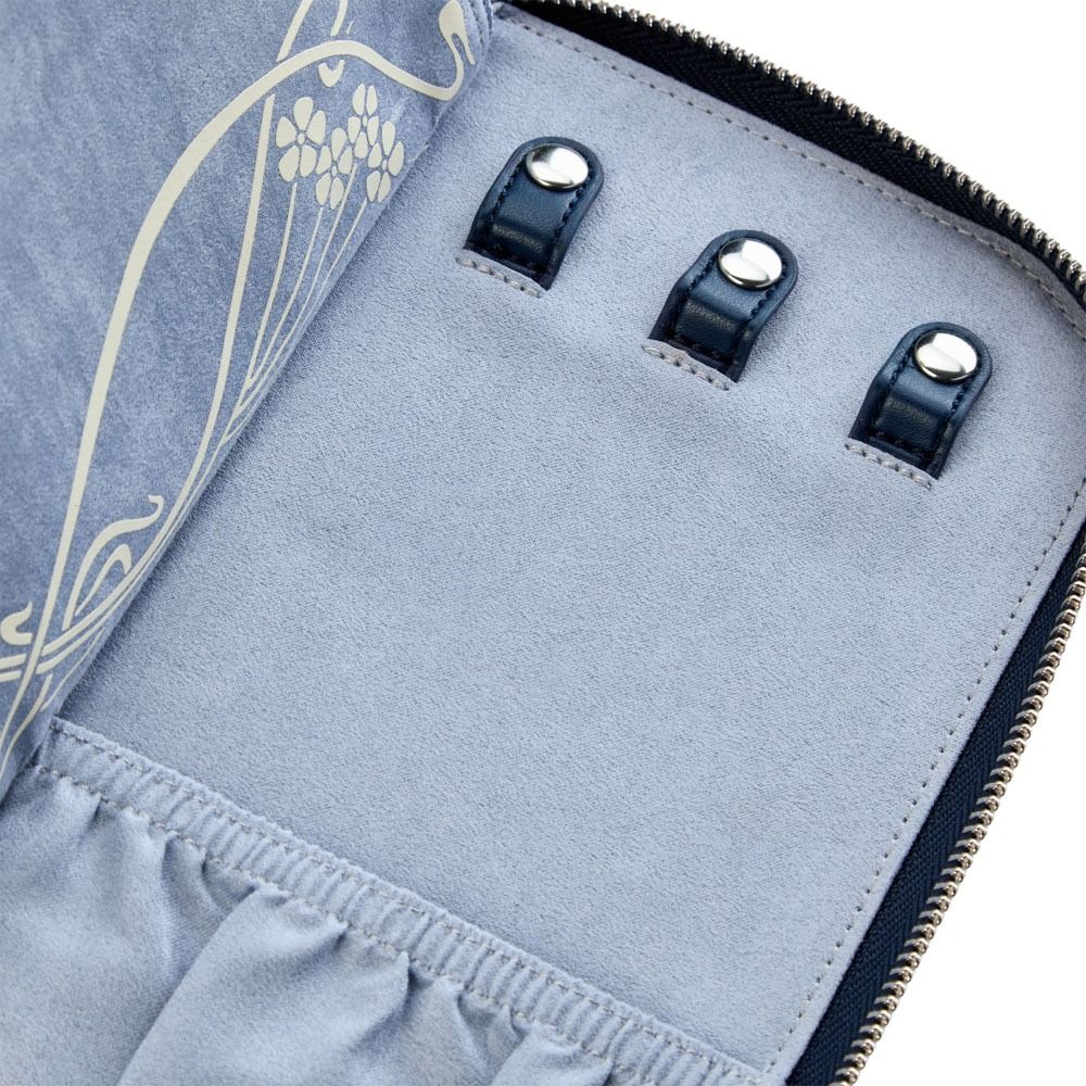 Introducing the WOLF 1834 X Liberty All Over Ianthe Travel Jewellery Portfolio Navy by WOLF—a soft, navy zippered case crafted from recycled canvas that serves as an elegant travel jewellery portfolio. It features three leather loops and metal snaps on one side, with elastic pockets on the other. The partially visible decorative Ianthe line drawing under the inside flap adds style, while the LusterLoc interior helps protect your treasured pieces wherever you go.