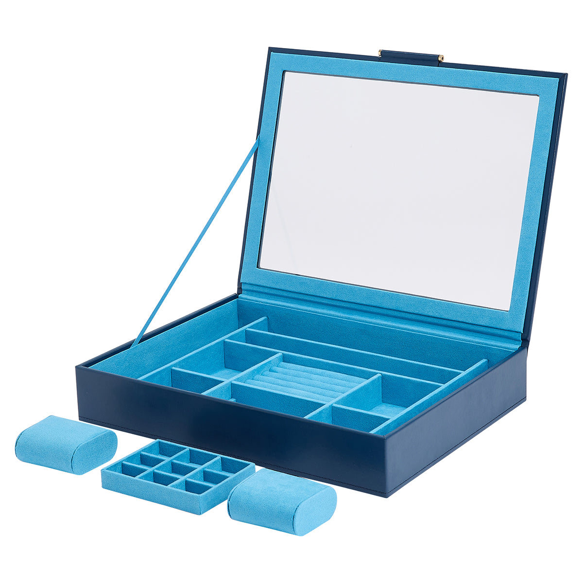Open the WOLF 1834 Sophia Jewellery Box with Window, featuring a mirror on the inside of the lid. As part of WOLF's Sophia Collection, this box includes several compartments for jewelry organization and comes with two removable cushioned pads perfect for watches or bracelets. It is crafted from sustainable leather and equipped with LusterLoc™ anti-tarnish lining to ensure long-lasting shine.