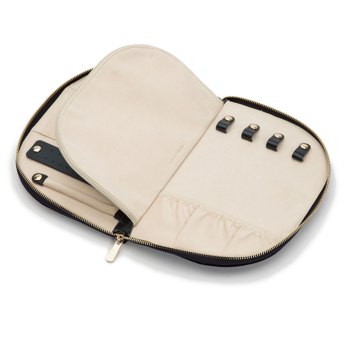 The WOLF 1834 Zoe Portfolio, crafted in beige leather, features a zippered closure that opens to reveal its contents enhanced by LusterLocâ„¢ technology. Inside, one side showcases four small black straps with gold buttons for secure organization, while the other side offers two compartments designed for accessory storage.