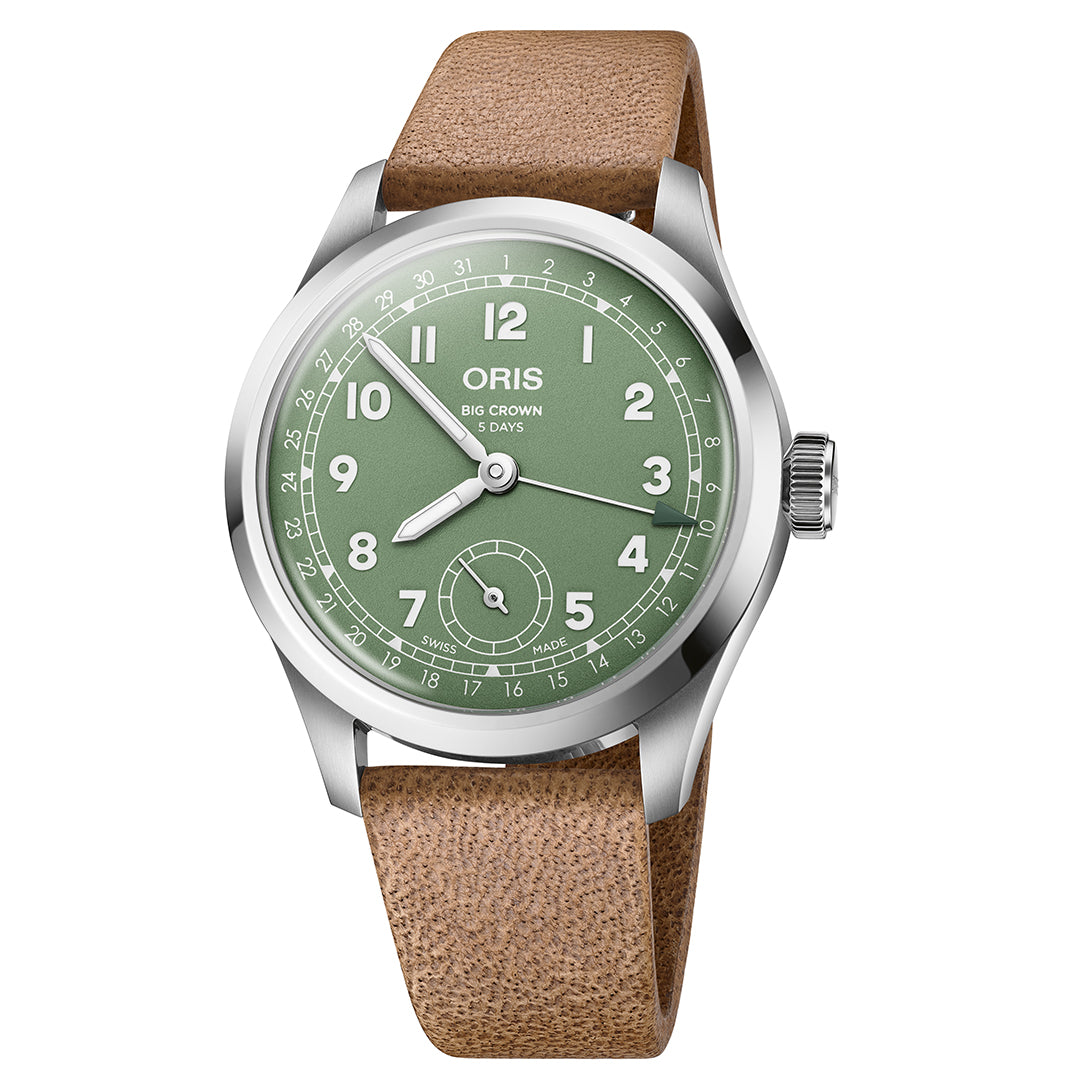 The Oris Big Crown Pointer Date Calibre 403 Automatic Winding 40mm Watch by ORIS has a silver case, light brown leather strap, and green dial. It features white Arabic numerals and hands, the "Oris" brand logo, "Big Crown 5 Days," a date display with subdial, powered by the Calibre 403.