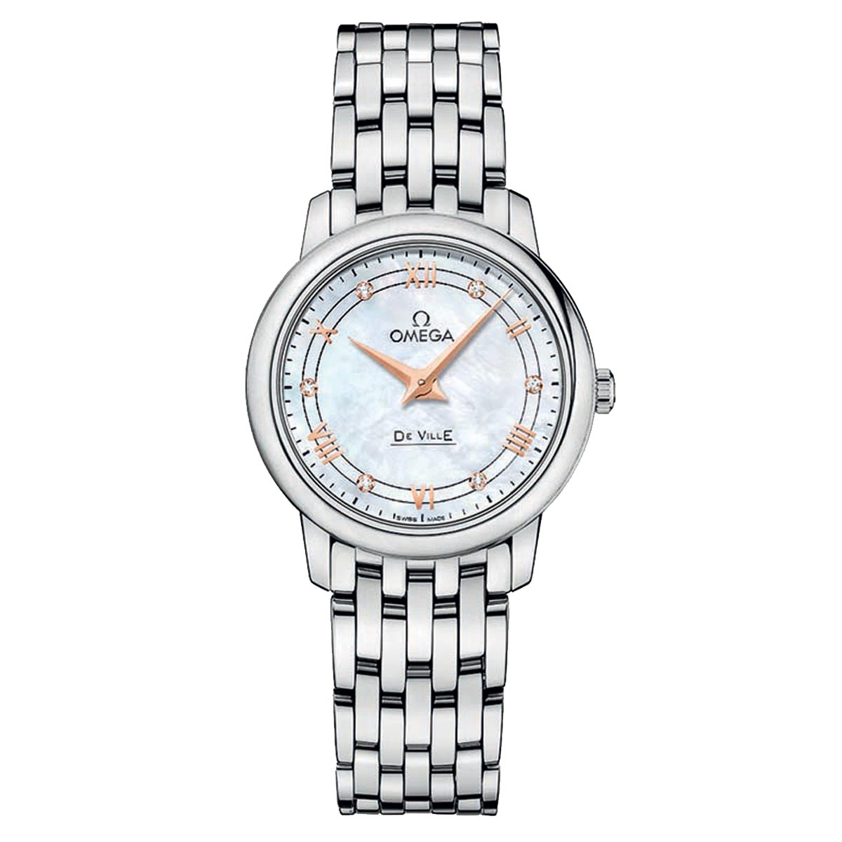 The OMEGA De Ville Prestige Quartz 27.4mm Watch showcases a sophisticated design with a white mother-of-pearl dial, enhanced by silver and rose gold accents on a metallic strap.