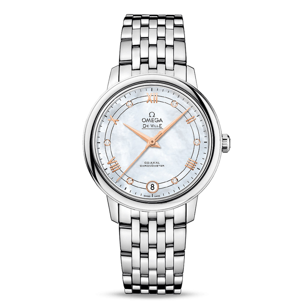 The OMEGA De Ville Prestige Co-Axial Chronometer 32.7mm Watch is an elegant luxury timepiece featuring a silver wristwatch with a white round face and gold hands. It is equipped with the Co-Axial calibre 2500 and includes a date display at the 6 o'clock position. The watch is branded "Omega De Ville" and "Co-Axial Chronometer," with a sophisticated metal-linked bracelet for added elegance.