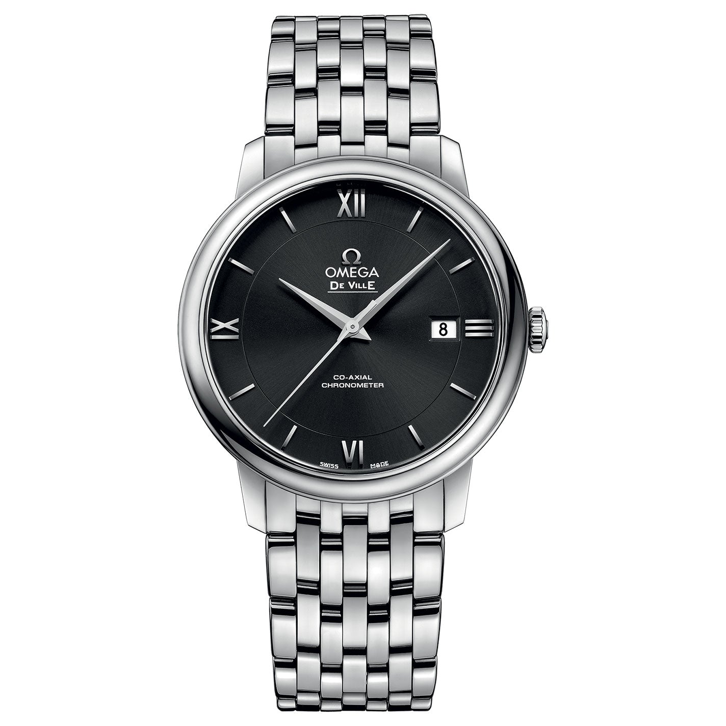 The OMEGA De Ville Prestige Co-Axial Chronometer 39.5mm Watch showcases a classic elegant design with its silver case and black dial. It features Roman numerals at the 3, 6, 9, and 12 o'clock positions and includes a date window at the 3 o'clock position, all powered by the Co-Axial calibre 2500 movement.