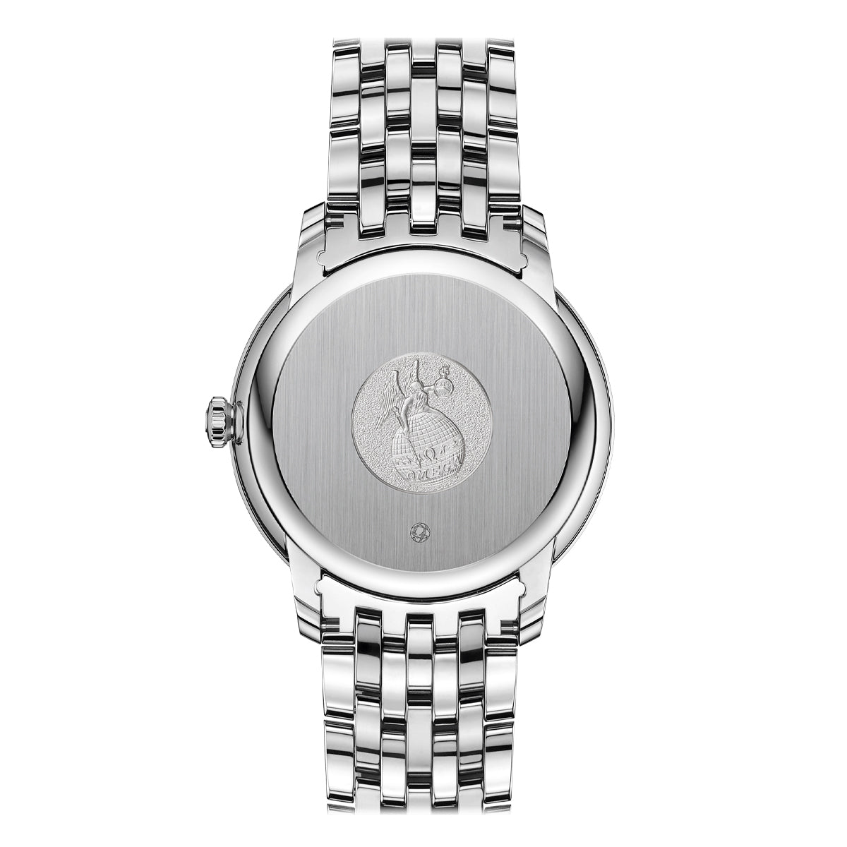 The backside of the OMEGA De Ville Prestige Co-Axial Chronometer 39.5mm Watch is displayed, showcasing its silver color and polished metal bracelet. The stainless steel case includes an engraved logo of a stylized animal. Its elegant and minimalistic crown is also visible on the side, powered by the Co-Axial Calibre 2500 movement.