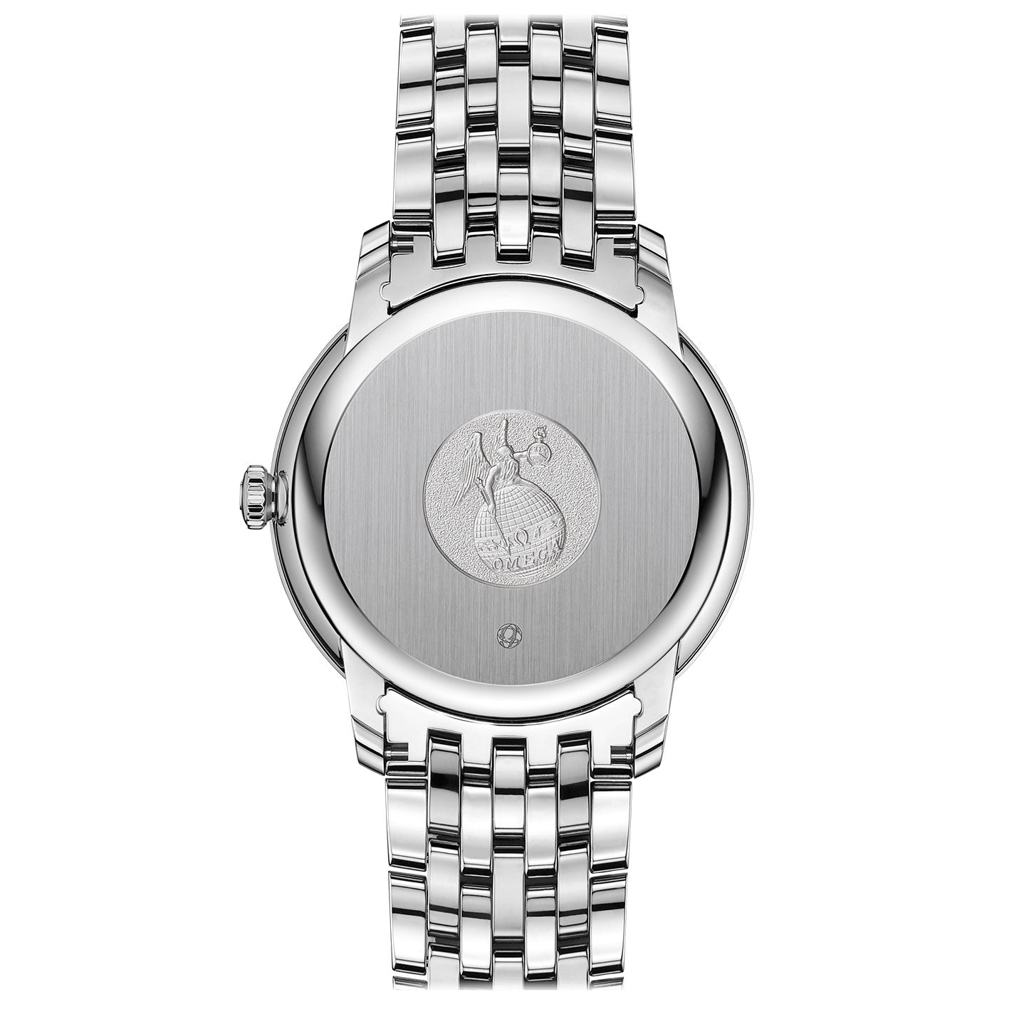 The image displays the back of an OMEGA De Ville Prestige Co-Axial Chronometer 39.5mm watch, crafted in silver stainless steel with a metal link band. An emblem adorns the center, accompanied by a small round detail at the bottom of the case back. This sophisticated timepiece is likely part of OMEGA's De Ville Prestige collection and features a Co-Axial Calibre 2500 movement.