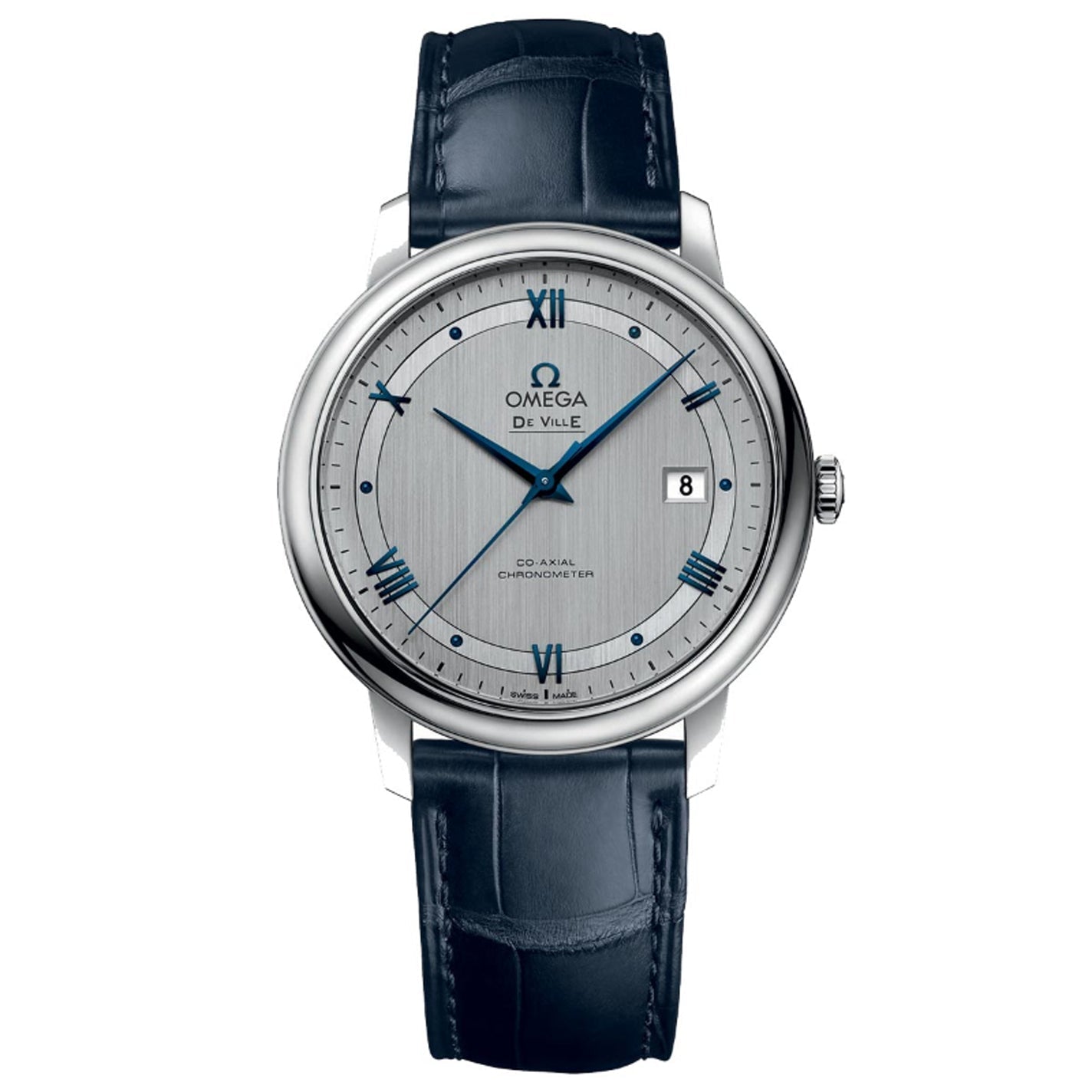The OMEGA De Ville Prestige Co-Axial Chronometer 39.5mm Watch exudes luxury with its timeless elegant design, featuring a silver dial accented with blue Roman numeral indices and a date display. Its sophisticated aesthetics are further enhanced by a blue leather strap and polished metal case, exemplifying the sophistication synonymous with the OMEGA brand.