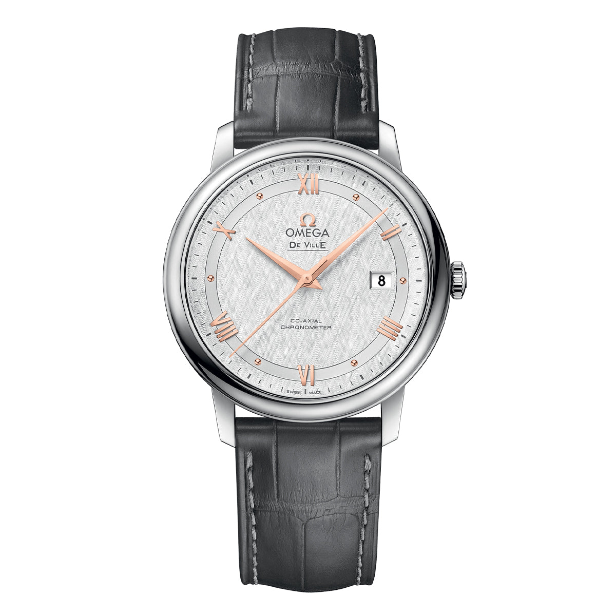 The OMEGA De Ville Prestige Co-Axial Chronometer 39.5mm Watch, from the renowned brand OMEGA, features a textured white silk-pattern dial adorned with rose gold Roman numerals. It includes a date window at 3 o'clock and is elegantly set in a sleek silver case with a grey leather strap.