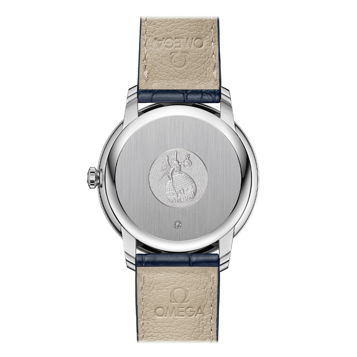 The OMEGA De Ville Prestige Co-Axial Chronometer 39.5mm Watch features a stainless steel case on its back with an engraved logo centrally placed. The beige underside of the leather strap is embossed with "OMEGA," and inside, the precision of the Co-Axial Calibre 2500 operates seamlessly.