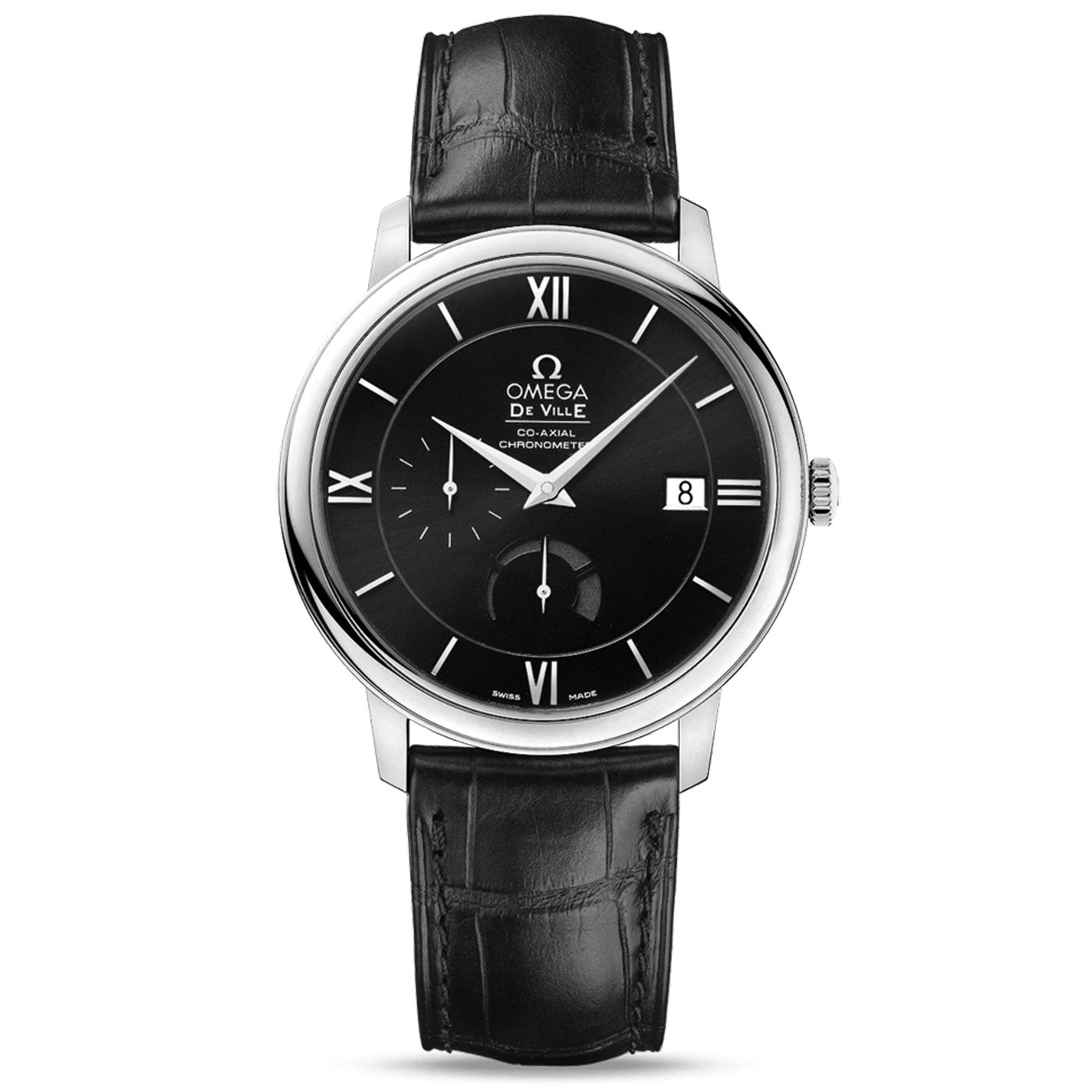The OMEGA De Ville Prestige Co-Axial Chronometer Power Reserve 39.5mm Watch is a luxury timepiece featuring a black leather strap and black dial. It displays Roman numerals, three hands, a date window, and the renowned OMEGA brand name. This classic design is complemented by a silver case and powered by the Co-Axial calibre 2627 movement for exceptional precision.