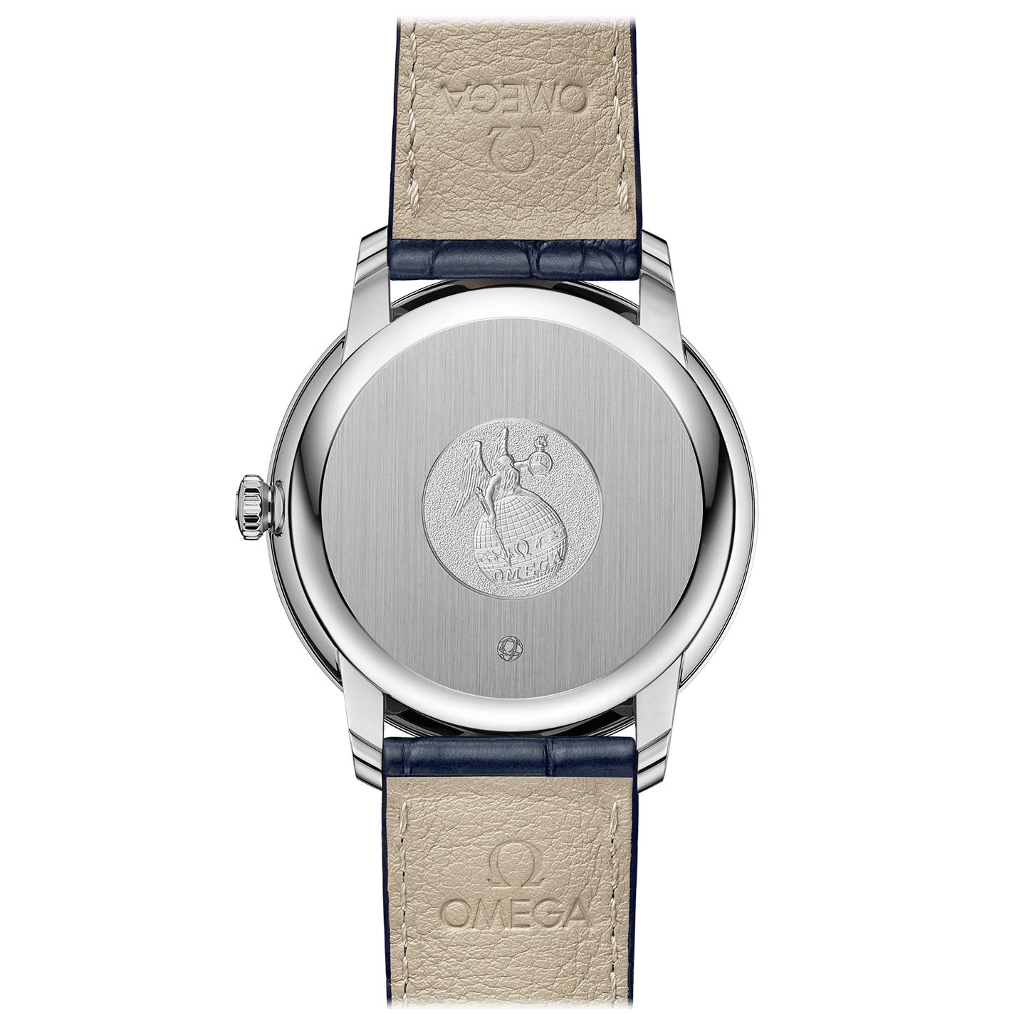 The OMEGA De Ville Prestige Co-Axial Chronometer Power Reserve 39.5mm Watch boasts a classic elegant design with a beige leather strap and a silver metal case back. The back features an engraved design complete with the Omega logo and "Hippocampus" emblem, underscoring its association with the OMEGA De Ville Prestige series. The brand name "OMEGA" adorns the strap for added elegance.