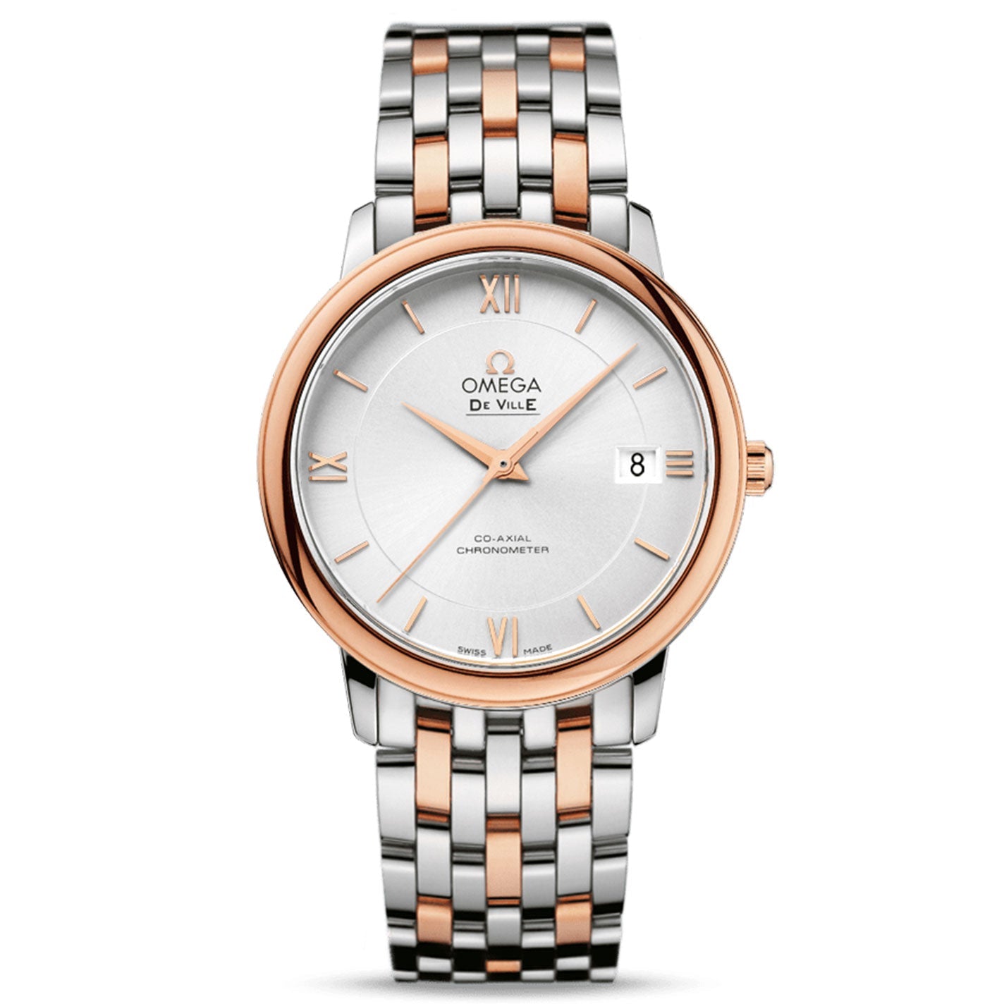 The OMEGA De Ville Prestige Co-Axial Chronometer 36.8mm Watch is a luxury timepiece with a two-tone metal strap featuring rose gold and silver links. It showcases a round silver dial adorned with Roman numerals, a date display, and the "OMEGA De Ville Prestige" branding. Complemented by a rose gold bezel, this watch features a minimalist design and is powered by the Co-Axial calibre 2500 movement.