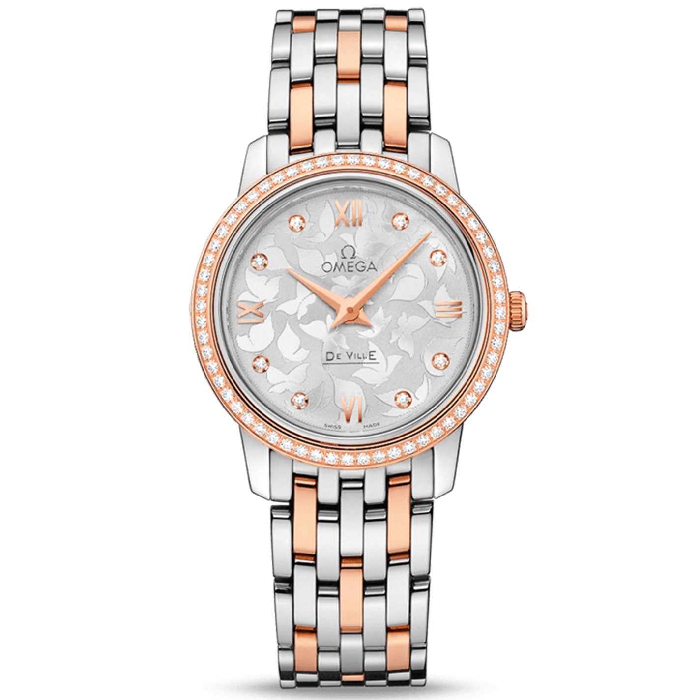 The OMEGA De Ville Prestige Quartz 27.4mm Watch showcases a rose gold and silver bracelet with a beautiful butterfly design on its face. It includes rose gold Roman numerals, diamond markers, and an intricate floral pattern. The elegant bezel is embellished with small diamonds for an extra touch of brilliance.