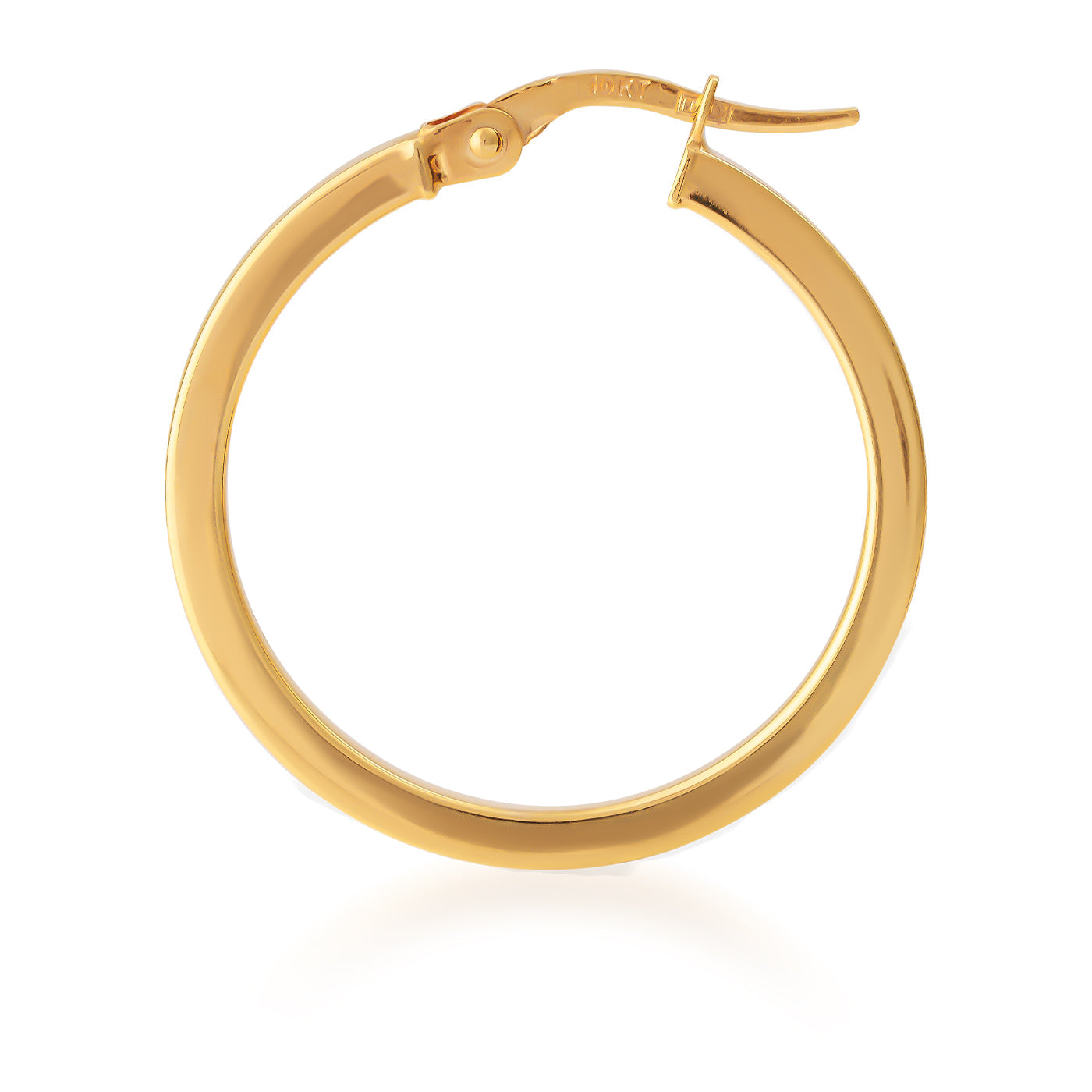 A single Raffi&Co.® 10K Yellow Gold Hoop Earring with a polished finish and hinge closure is displayed on a white background, highlighting its circular shape and shiny surface.
