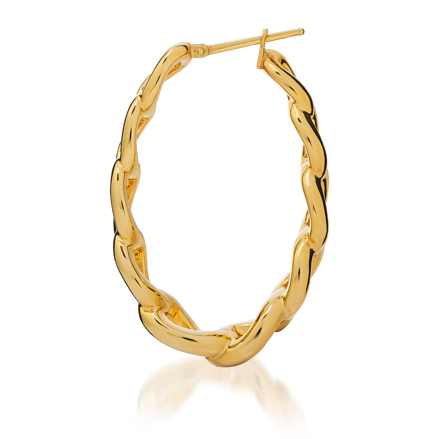 The Raffi&Co.® 18K Yellow Gold Hoop Earring, with a twisted chain design, is displayed against a white background to highlight its shiny and intricate structure.