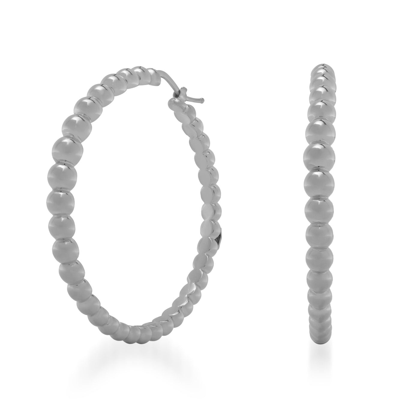 Raffi&Co.® 18K White Gold Hoop Earrings are highlighted against a simple white backdrop. These luxurious earrings by Raffi&Co, featuring a delicate beaded design, are displayed from side and front angles to accentuate their round form and refined texture, capturing elegance in every detail.