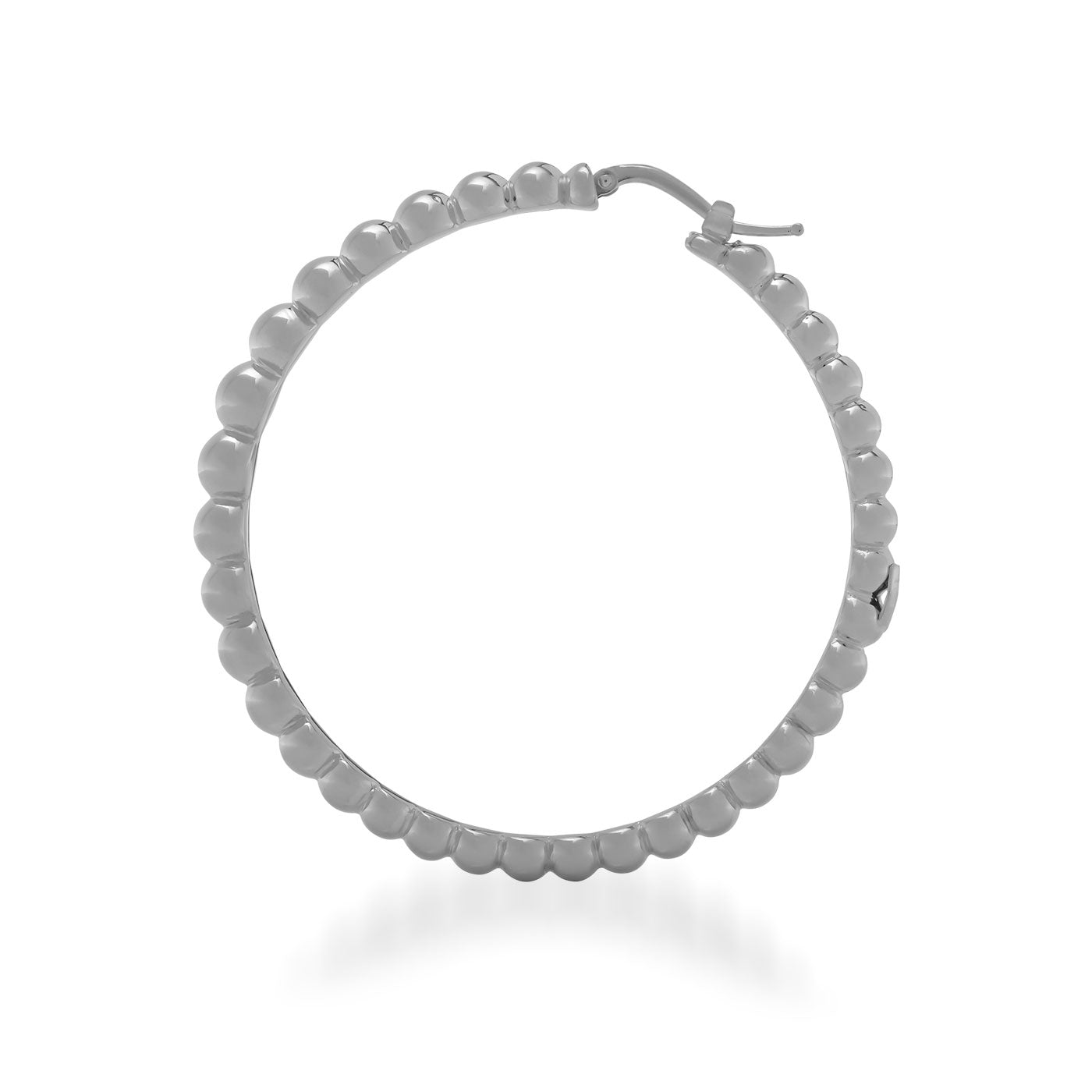 Explore the sophistication of the Raffi&Co.® 18K White Gold Hoop Earrings, expertly crafted with a polished finish. Accentuated by lustrous spherical beads along their border, these earrings encapsulate luxury jewelry. Their design is completed with a secure clasp closure against a timeless white backdrop.