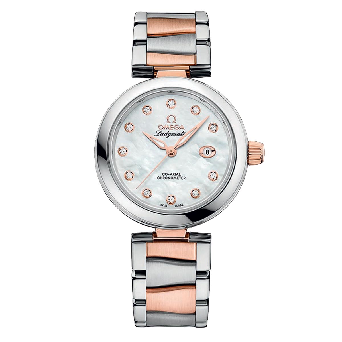 The OMEGA De Ville Ladymatic Co-Axial Chronometer 34mm Watch showcases a silver and rose gold bracelet adorned with Sedna gold accents. Its round dial features a mother-of-pearl finish, diamond hour markers, and a date window, prominently highlighting the OMEGA Co-Axial calibre 8520. This exquisite timepiece exemplifies timeless elegance.