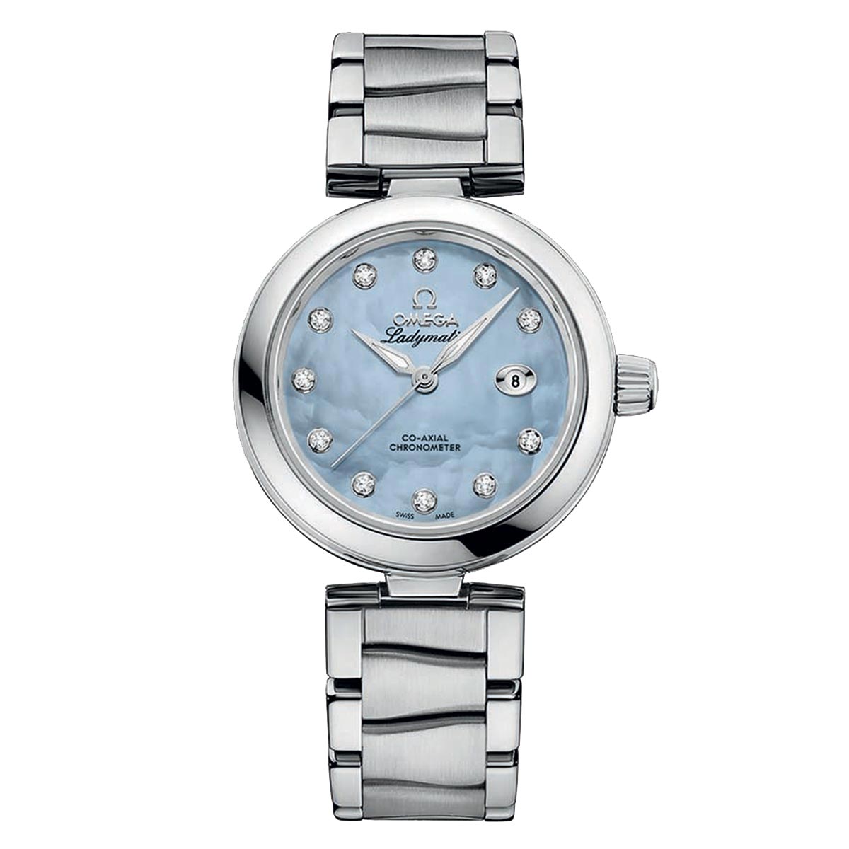 This OMEGA De Ville Ladymatic Co-Axial Chronometer 34mm Watch epitomizes women's fashion with its stainless steel polished metal band. The light blue round face features diamond hour markers and a small date window, elegantly showcasing "Ladymatic" and "Omega Co-Axial Chronometer.