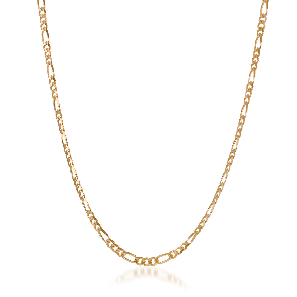 The Raffi&Co.® 18K Yellow Gold Figaro Chain Necklace, with its interlocking links design, radiates timeless elegance against a plain white background.