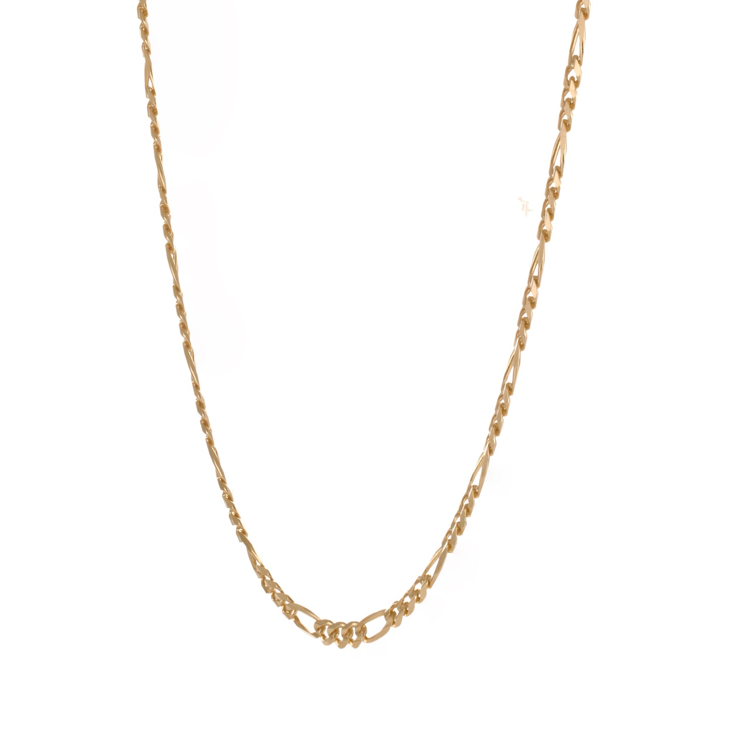 A close-up of the Raffi&Co.® 18K Yellow Gold Figaro Chain Necklace showcases its timeless elegance, featuring an alternating pattern of round and rectangular links that create a delicate and sophisticated design against a white background.