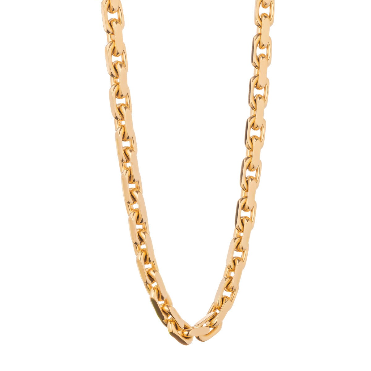 A detailed image showcases the Raffi&Co.® 14K Yellow Gold Fancy Link Chain Necklace, featuring thick, interlocking links arranged in a U-shape. The chain gracefully reflects light, highlighting its polished finish against a simple white background.