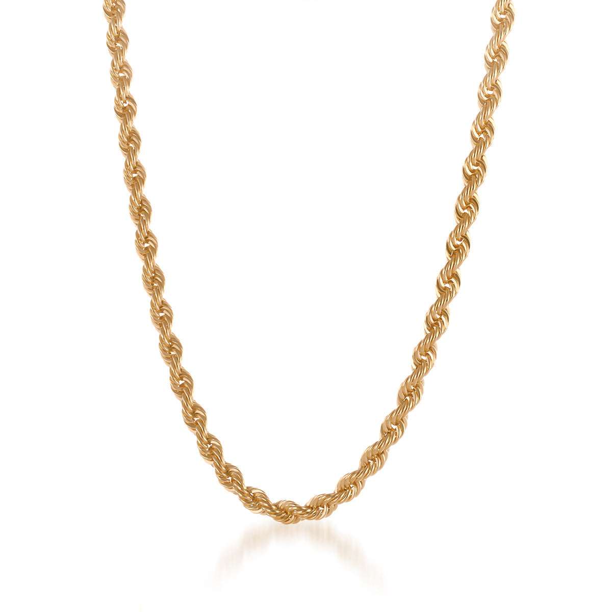 The Raffi&Co.® 18K Yellow Gold Rope Chain Necklace is showcased against a white background, emphasizing its intricate twisted design and luxurious, shiny finish.
