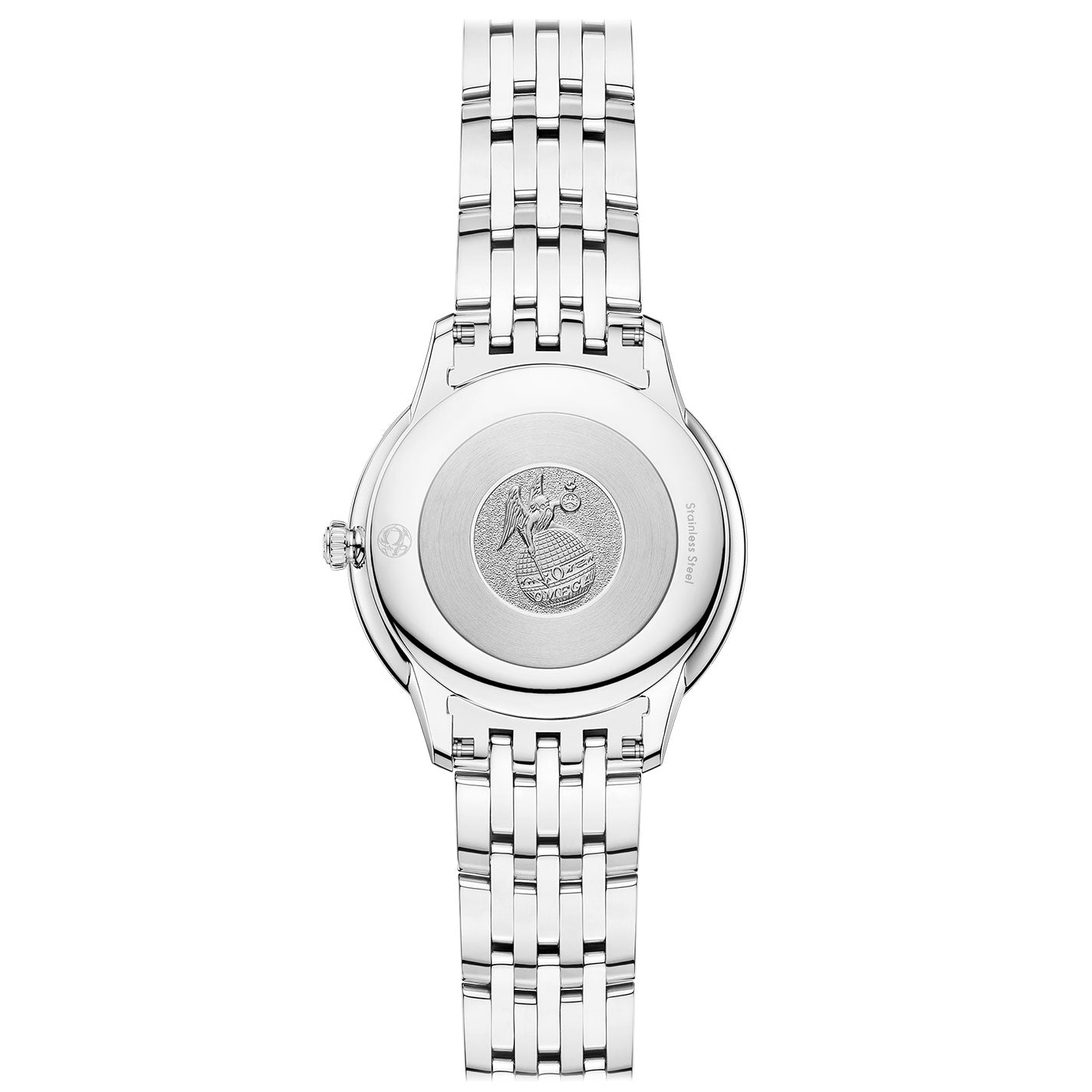 The image showcases the back of an OMEGA De Ville Prestige Quartz 36mm wristwatch with a linked bracelet made of stainless steel. The reverse side is adorned with a detailed engraving of a planet and spaceship, encircled by inscriptions, reflecting the watch's blend of elegance and the precise Quartz Calibre 4061 movement.