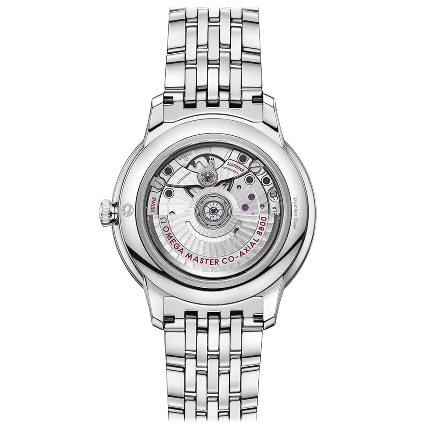 The OMEGA De Ville Prestige Co-Axial Master Chronometer 40mm Watch boasts a silver case with a stainless steel bracelet and a transparent back that showcases its intricate mechanical components. The inscription "OMEGA MASTER CO-AXIAL 8800" is proudly displayed, highlighting the watch's adherence to Master Chronometer standards and exemplifying the excellence of OMEGA craftsmanship.