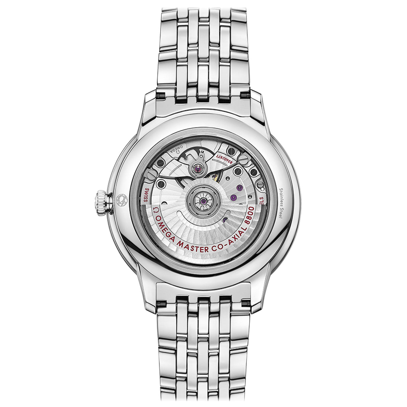 The rear view of the OMEGA De Ville Prestige Co-Axial Master Chronometer 40mm Watch reveals its intricate exposed mechanical movement. This sophisticated timepiece features a stainless steel bracelet and showcases detailed gears and components, highlighting its craftsmanship and precision.