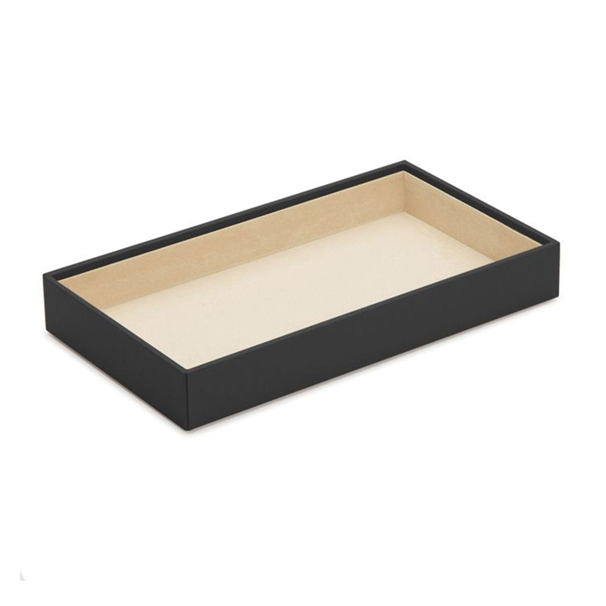 The WOLF 1834 2" Vault Deep Tray showcases a rectangular design with a vegan leather exterior in black and a beige interior, all displayed on a white background.