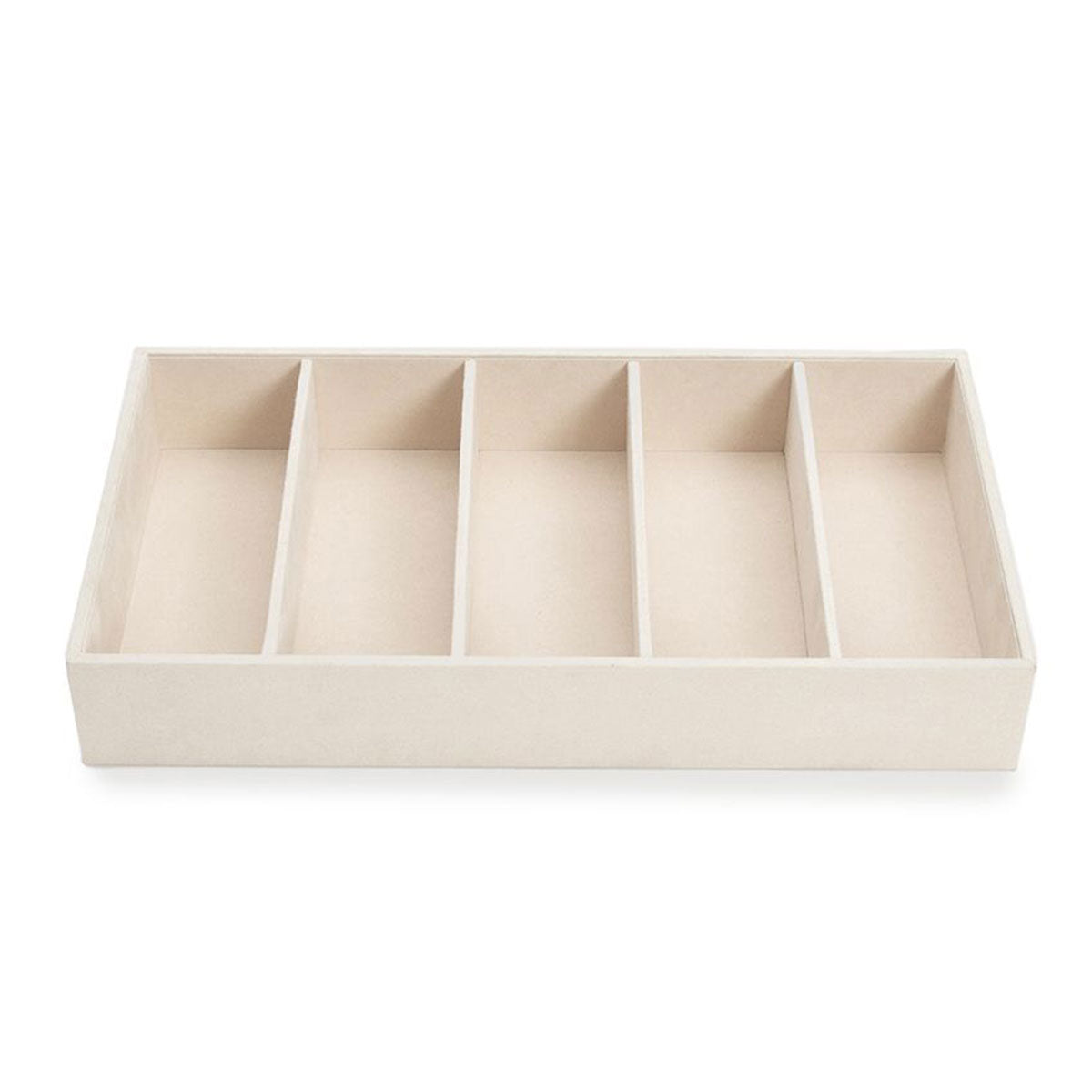 The WOLF 1834 Sunglass Insert is a rectangular beige tray designed for organizing small treasures. It features five equally sized compartments and includes LusterLoc technology to prevent tarnish. Each open-top section allows easy access to your items, making it perfect for keeping everything neatly organized.