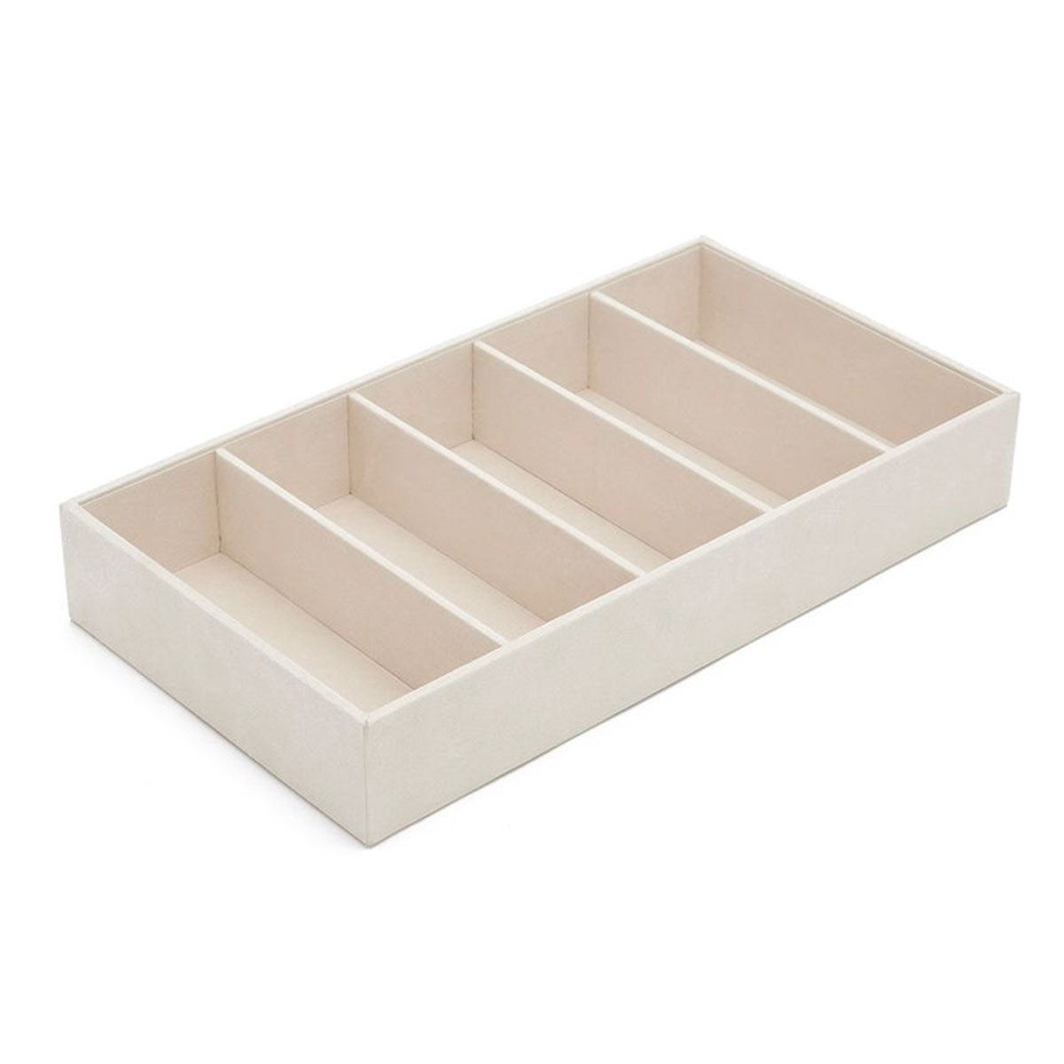 The image showcases the WOLF 1834 Sunglass Insert by WOLF, featuring a beige, rectangular design with five evenly spaced compartments for storage. Made with anti-tarnish fabric, it has a soft textured exterior, making it perfect for vault tray inserts. The organizer rests on a plain white background and is ideal for sorting small items.