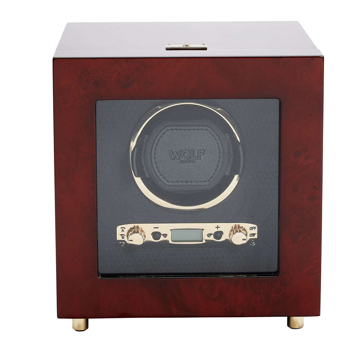 The WOLF 1834 Savoy Single Winder, a square wooden watch winder, is crafted from elegant burl wood and features a glass front that showcases a single watch holder adorned with "WOLF." It includes control buttons and a small digital display for diverse rotation options. The rich, dark finish offers a sophisticated safe harbor for watches.