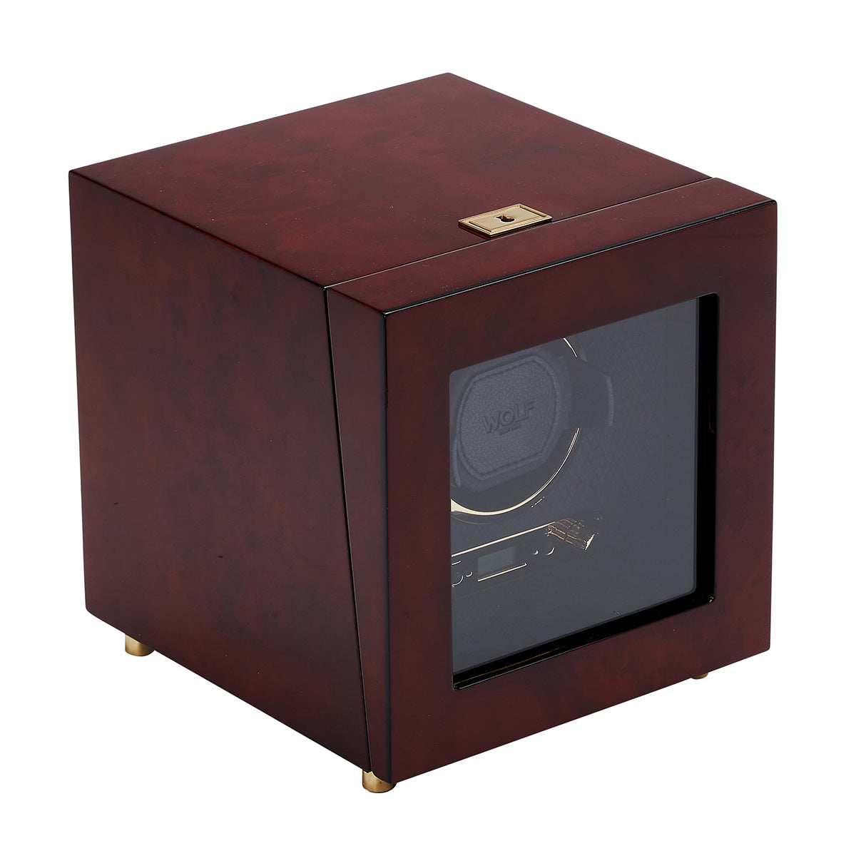 Presenting the WOLF 1834 Savoy Single Winder, a meticulously crafted wooden watch winder featuring a glass front panel and secured with a top brass lock. Its sleek black interior cradles one watch holder, ensuring your timepiece stays protected. The exterior boasts luxurious dark brown burl wood with an exquisite smooth finish, emblematic of the precision and elegance synonymous with the WOLF brand.