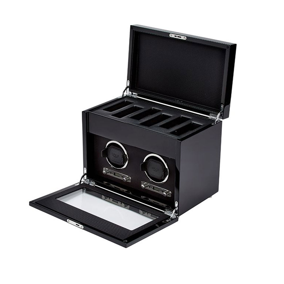 Introducing the WOLF 1834 Savoy Double Watch Winder with Storage, a sophisticated timepiece accessory designed by WOLF. This elegant watch winder box is crafted from burl wood and comes with an open lid and door, beautifully displaying two watches inside. It features gold-finished hardware and offers compartments for additional storage, all in a modern design.