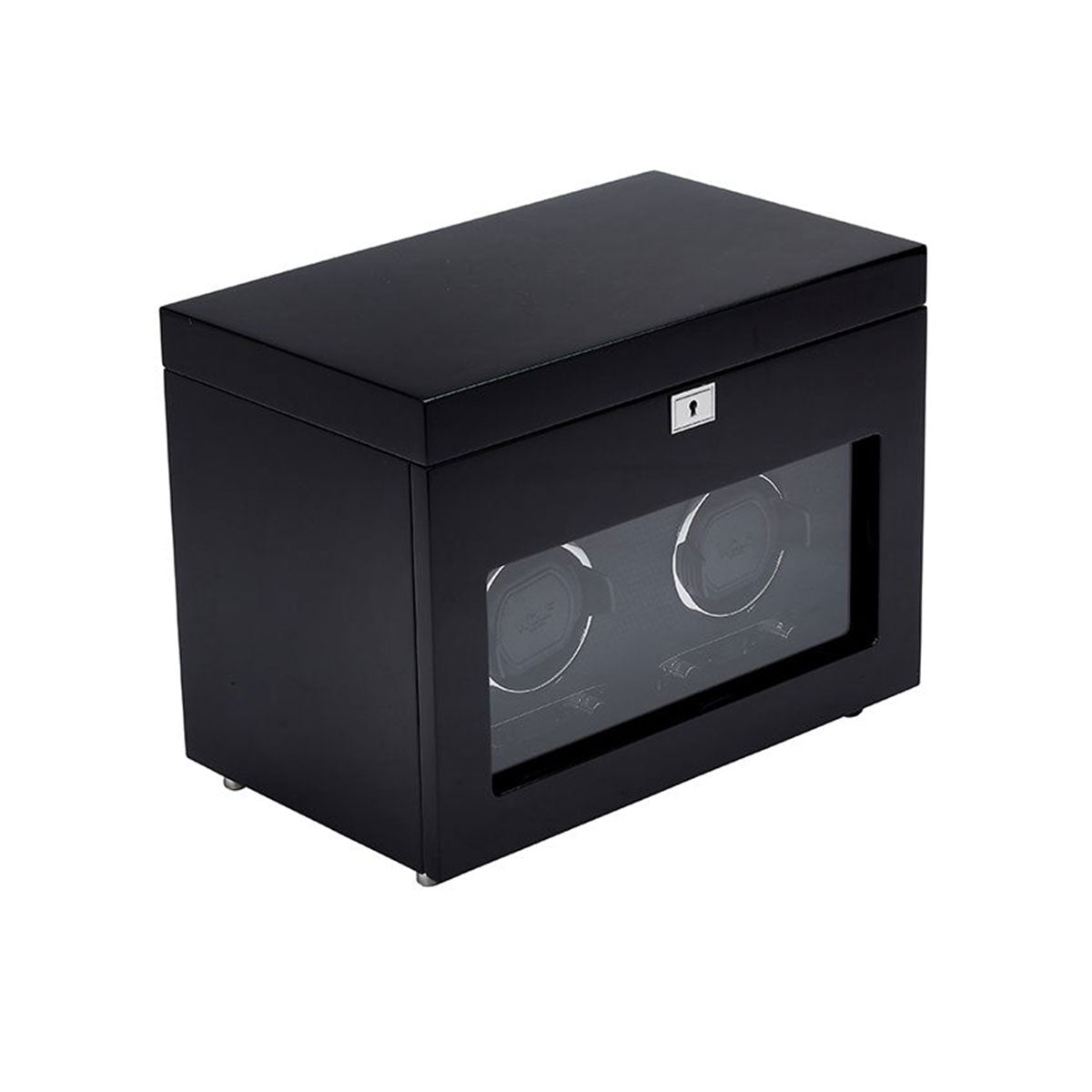 The WOLF 1834 Savoy Double Watch Winder with Storage by WOLF is an elegant black device in a rectangular shape adorned with gold-finished hardware. It features a transparent front panel that beautifully displays its watch-holding compartments, all set against a simple white background.