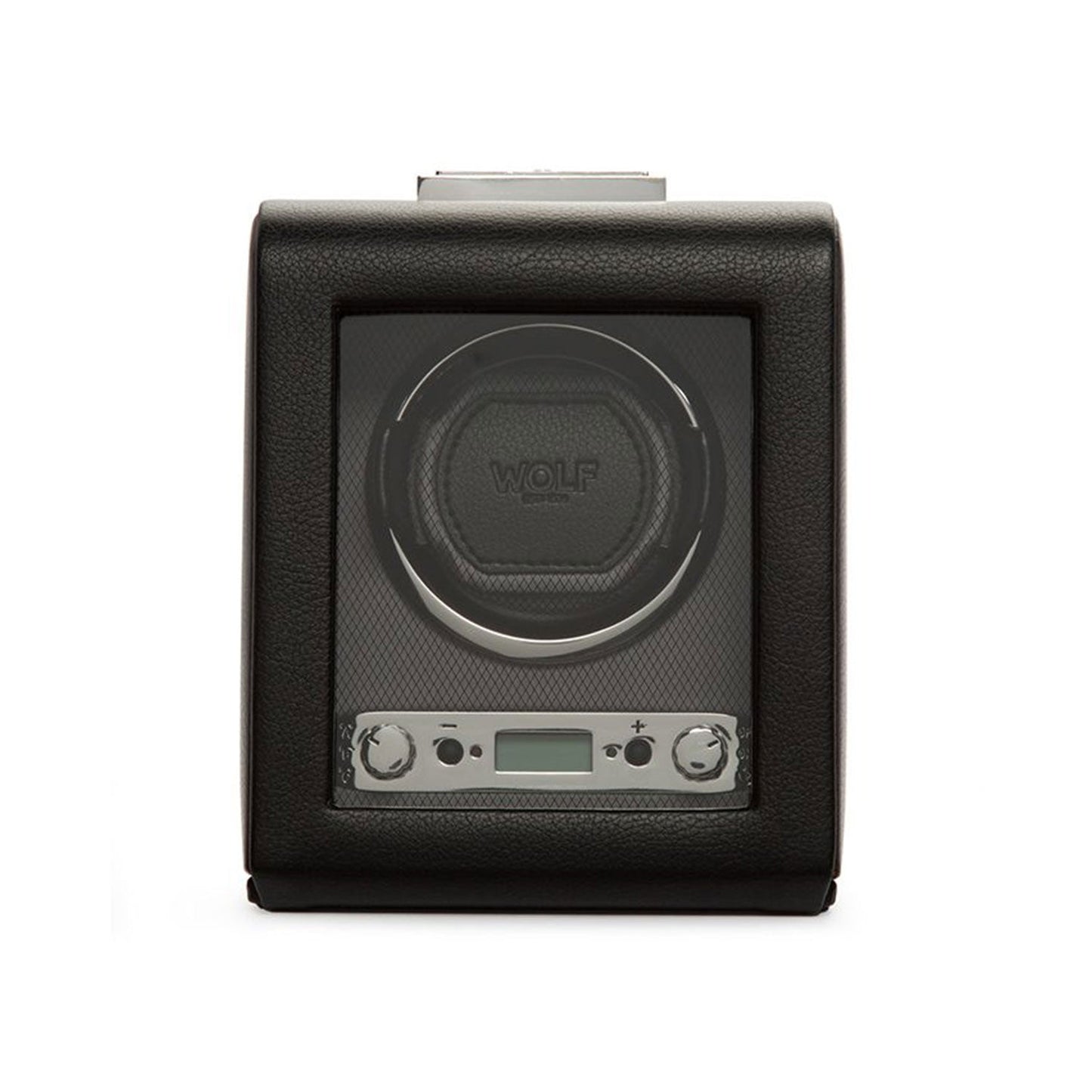 Introducing the WOLF 1834 Viceroy Black Watch Winder: a sleek design crafted from black leather with an elegant glass front. This watch winder features a circular compartment perfectly suited for your cherished timepiece, while proudly displaying the WOLF brand at its center. The bottom section contains control buttons along with a small digital display for convenient adjustments.