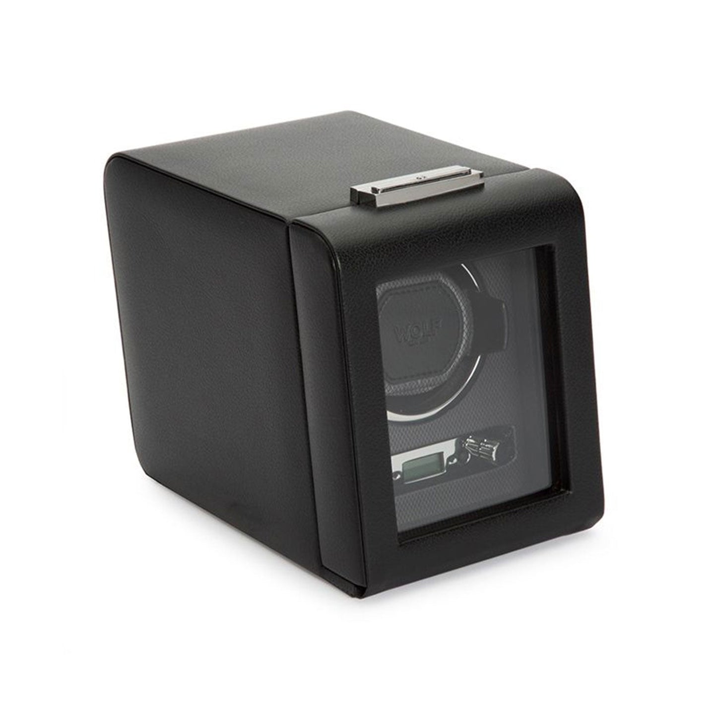 The WOLF 1834 Viceroy Black Watch Winder showcases a sleek, rectangular design, with a transparent front that elegantly displays the watch inside. It features a small metallic latch on top and stands out beautifully against the plain white background.