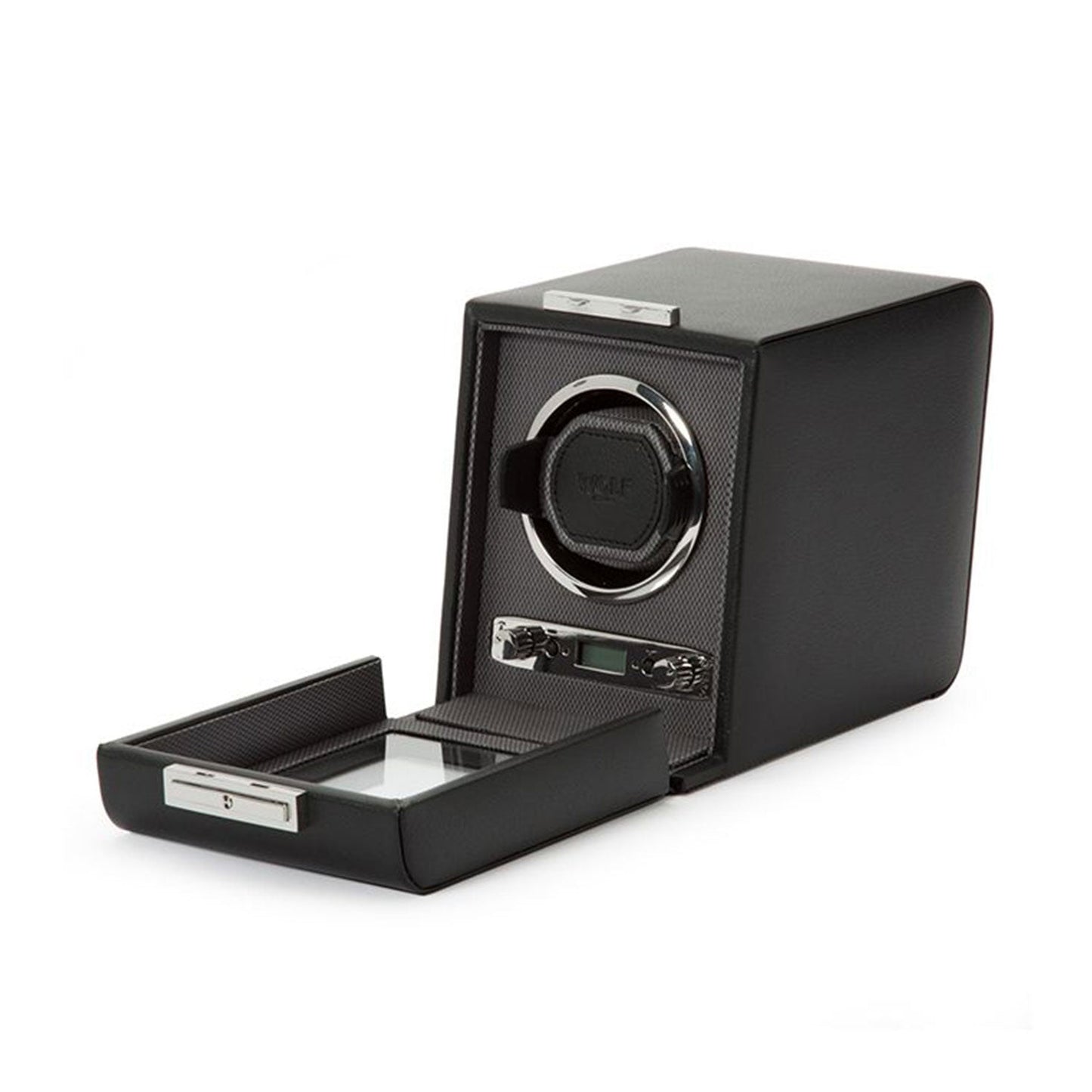 Introducing the WOLF 1834 Viceroy Black Watch Winder, a beautifully crafted accessory with a sleek black leather finish and metallic accents. It features an open compartment at the bottom and includes a sophisticated rotating watch holder along with control dials conveniently located on its front panel.