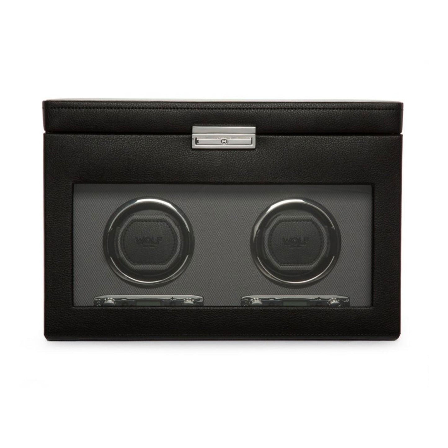 Introducing the WOLF 1834 Viceroy Black Watch Winder, a sophisticated accessory crafted by skilled designers. This exquisite piece boasts a sleek leather finish and a transparent display case that elegantly showcases two circular compartments. Made from high-quality materials, this watch winder is adorned with the esteemed brand name "Wolf" and includes a secure metal latch at the top for added elegance.