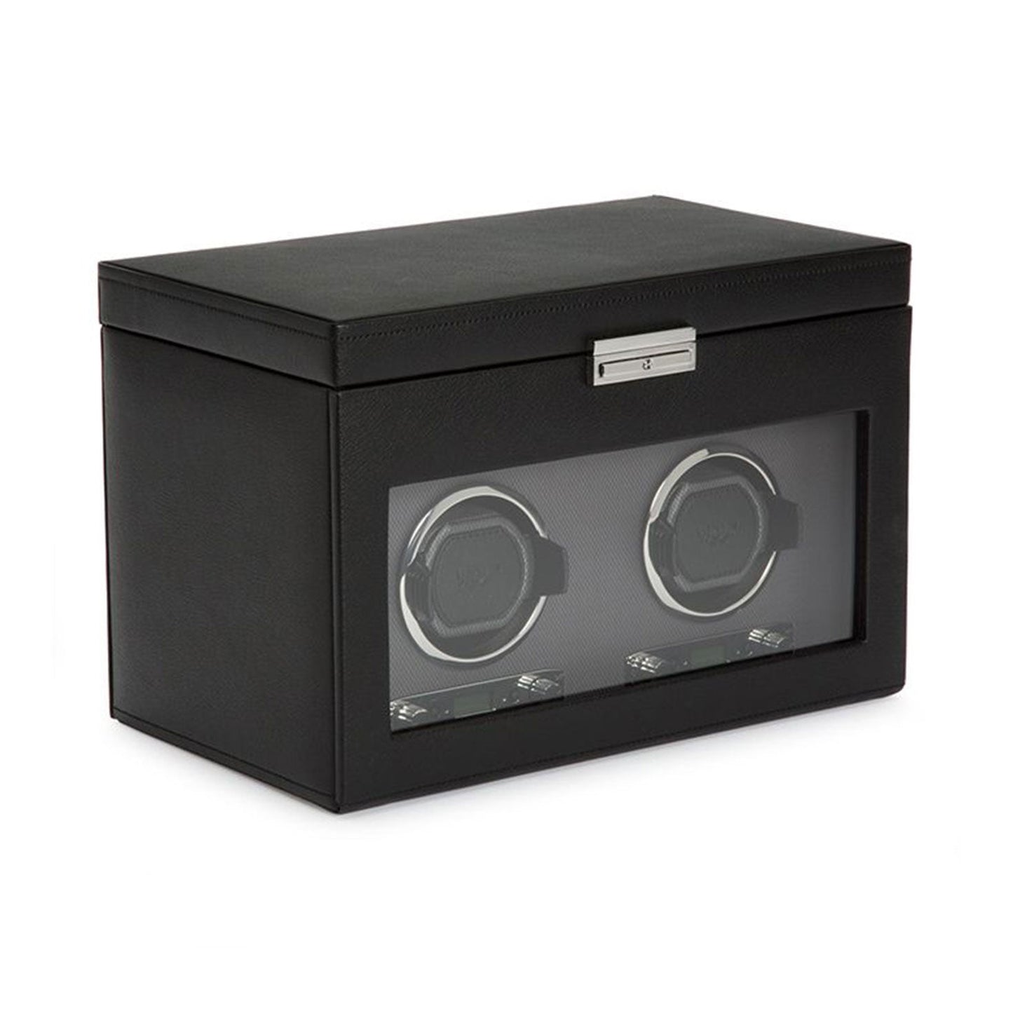 The WOLF 1834 Viceroy Black Watch Winder, a product by WOLF, boasts a sleek design with a glass front display that showcases two spaces for automatic watches. This stylish accessory features silver lock and hinges for added functionality and elegance.