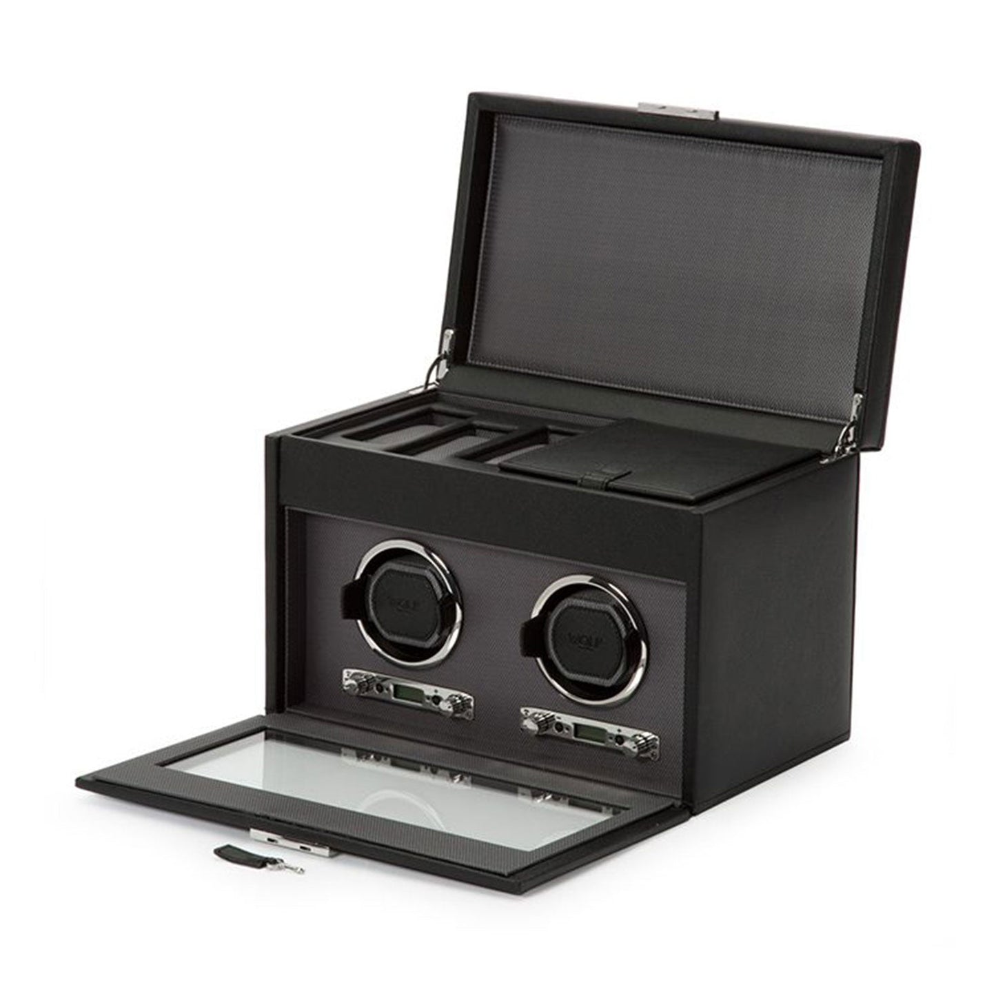 Introducing the WOLF 1834 Viceroy Black Watch Winder. This sophisticated piece from the renowned brand WOLF features an elegant glass display door, showcasing two round slots designed for your watches. It boasts additional compartments on the top for storing accessories, and its luxurious leather construction is perfectly complemented by an accompanying key placed beside it.