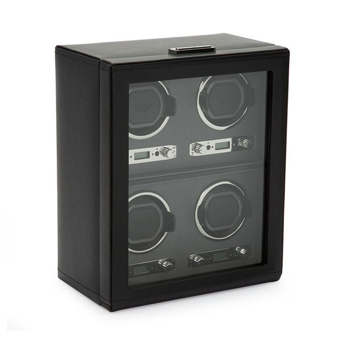 The WOLF 1834 Viceroy Black Watch Winder by WOLF showcases a sleek black leather design with a glass front, featuring four compartments. It's a modern classic, with each watch holder ensuring your automatic timepieces are accurately wound and ready to wear.